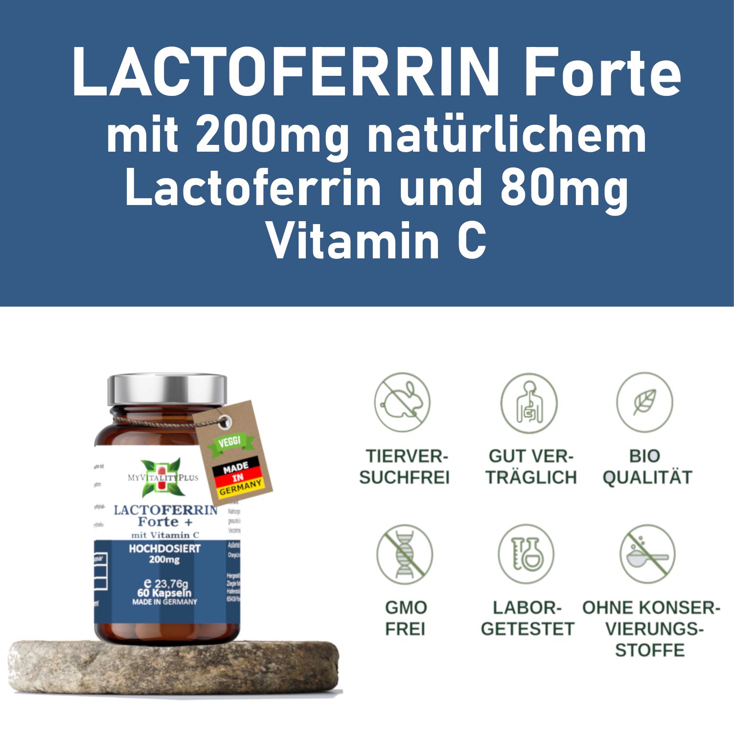 Braune Glasflasche mit Kapseln und Anhänger. Aufschrift: Lactoferrin Forte + Vitamin C, 200mg, 60 Kapseln. Made in Germany. Veggi. Qualitätsmerkmale.