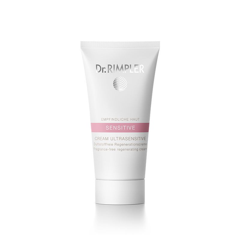 Weiße Tube mit Produktaufschrift. Aufschrift: Dr. Rimpler Sensitive Cream Ultrasensitive. Rosa Streifen.