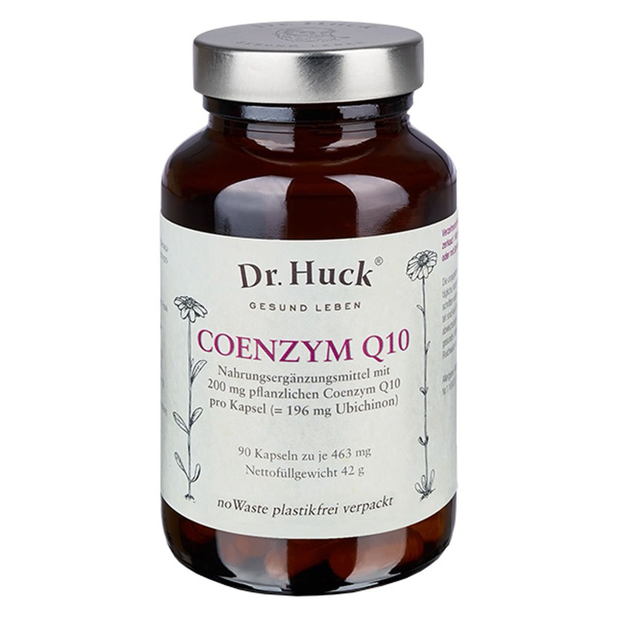 Bruine glazen fles met zilveren dop en etiket. Opschrift: Dr. Huck Coenzym Q10. Bevat 90 capsules.