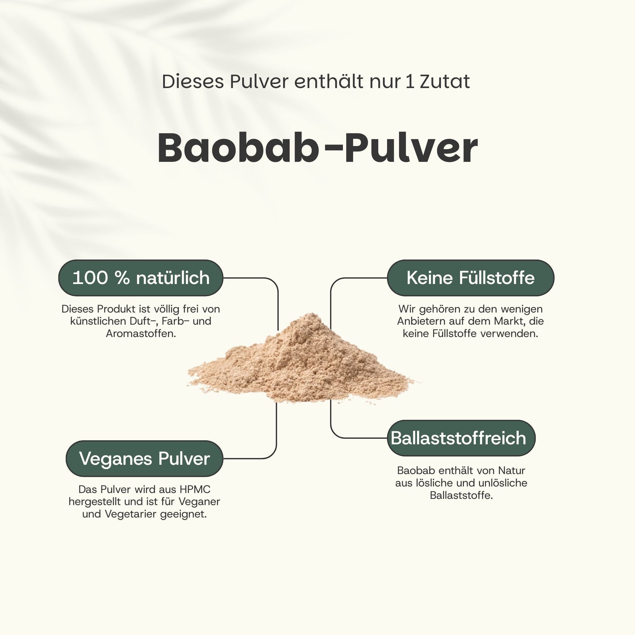 Grafik mit Baobab-Pulver. Text: 100% natürlich, keine Füllstoffe, veganes Pulver, ballaststoffreich.