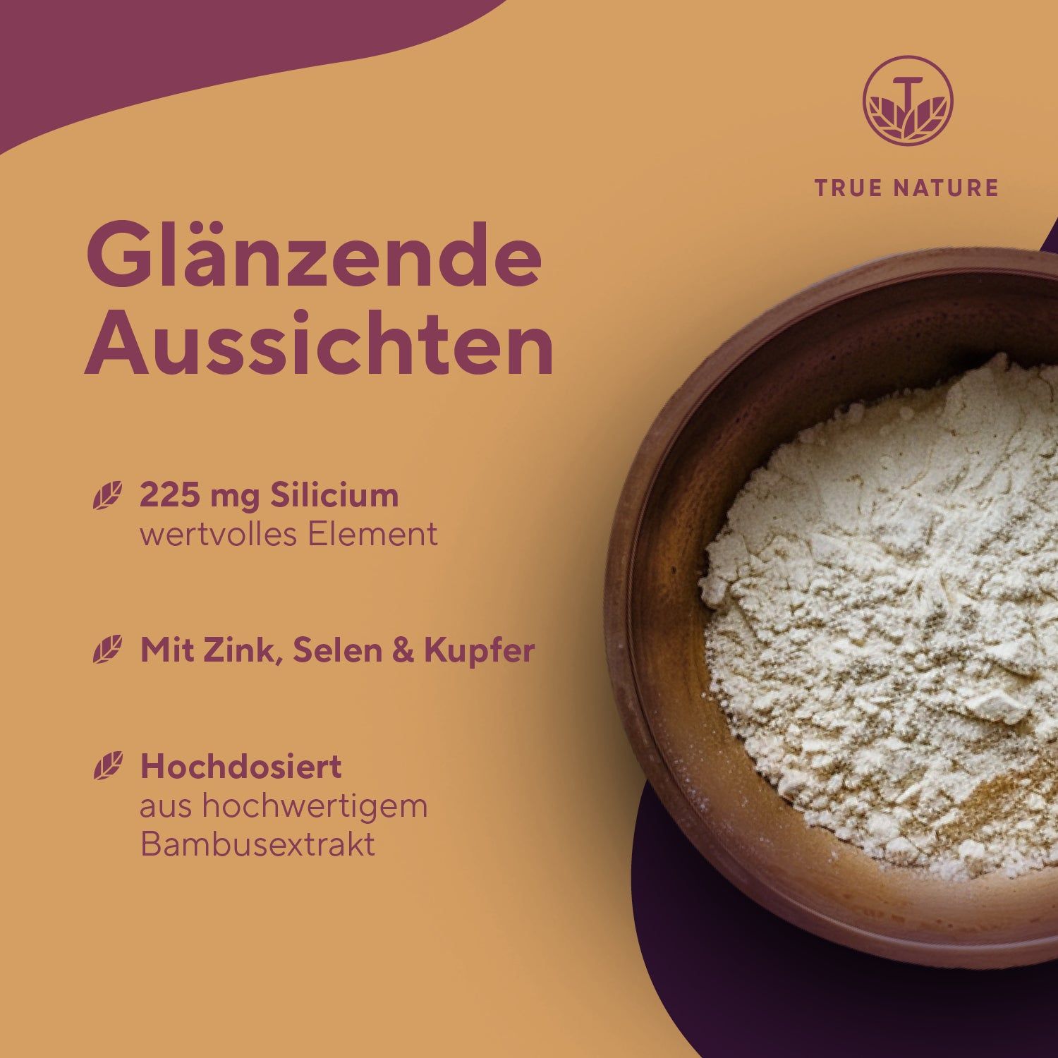 Schüssel mit Pulver. Angaben zu 225 mg Silizium, Zink, Selen, Kupfer. Hochdosiert aus Bambusextrakt.