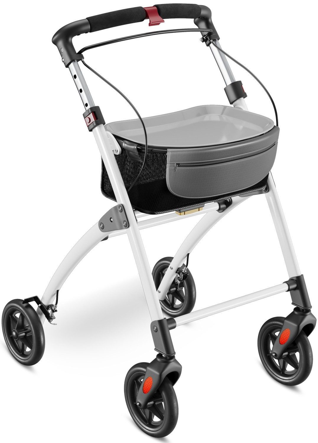 Rollator mit Aluminiumrahmen, abnehmbarem Tablett und Feststellbremse. Vier Räder, schwarze Griffe, graues Tablett.