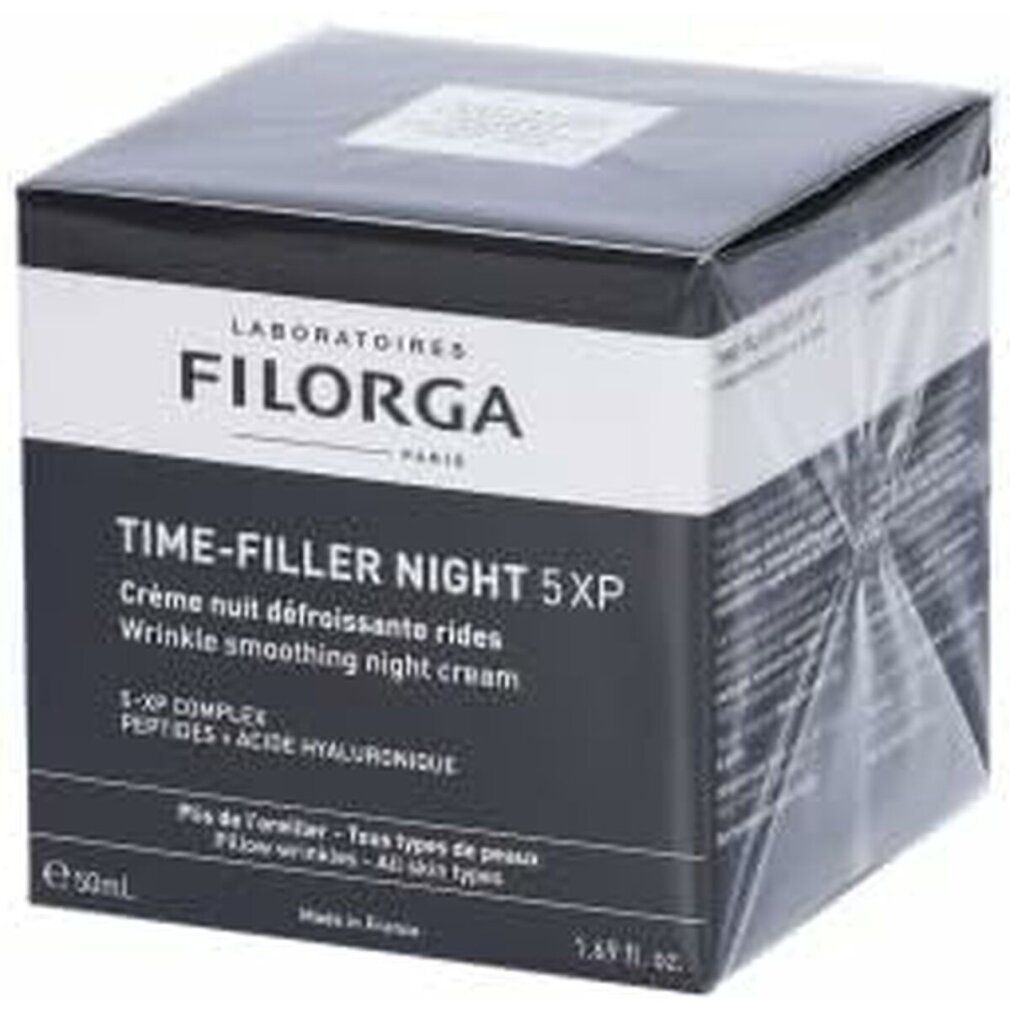 Verpackung. Aufschrift: FILORGA PARIS, TIME-FILLER NIGHT 5XP. Faltenreduzierende Nachtcreme. 50ml.