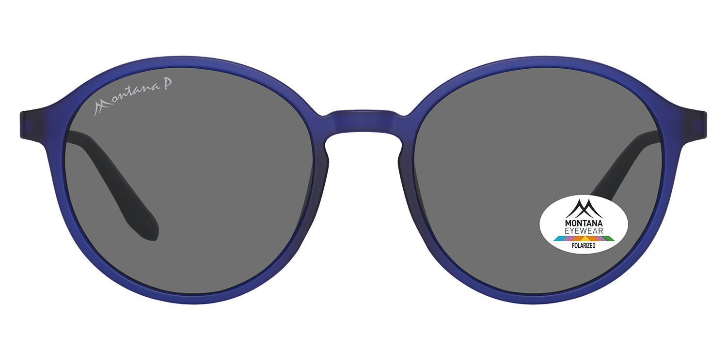 Blaue Sonnenbrille mit runden Gläsern. Auf dem rechten Glas befindet sich ein Aufkleber mit dem Logo und der Aufschrift 'Polarized'.
