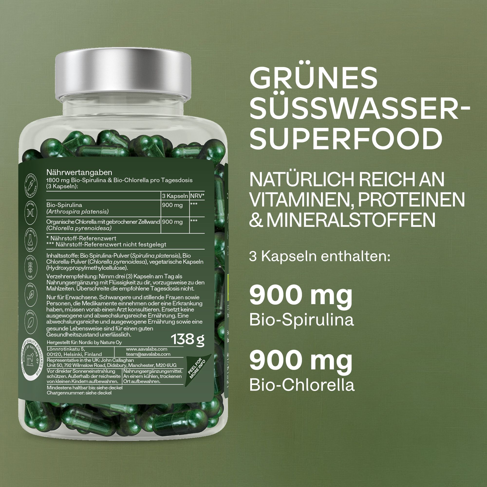 Flasche mit grünen Kapseln und Nährwertangaben auf Deutsch.