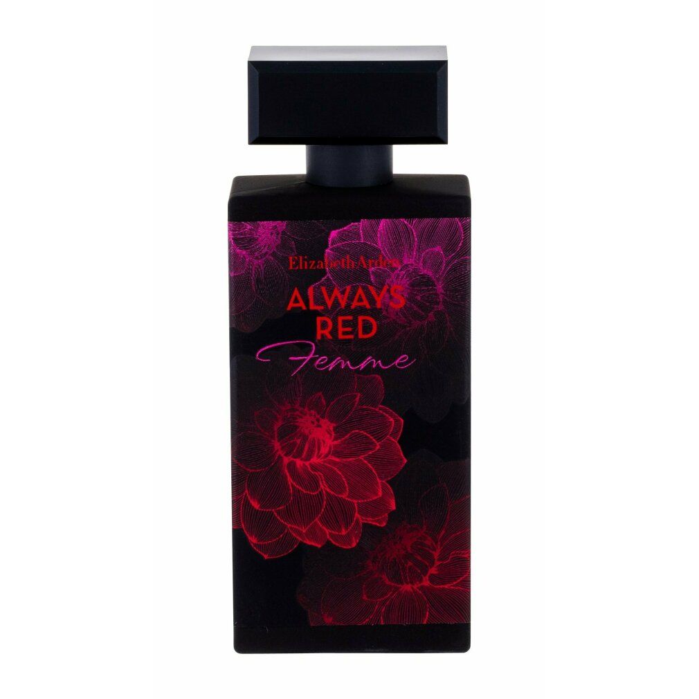 Schwarzer Flakon mit rotem Blumendesign. Text: Always Red Femme, Elizabeth Arden. Schwarzer Deckel.