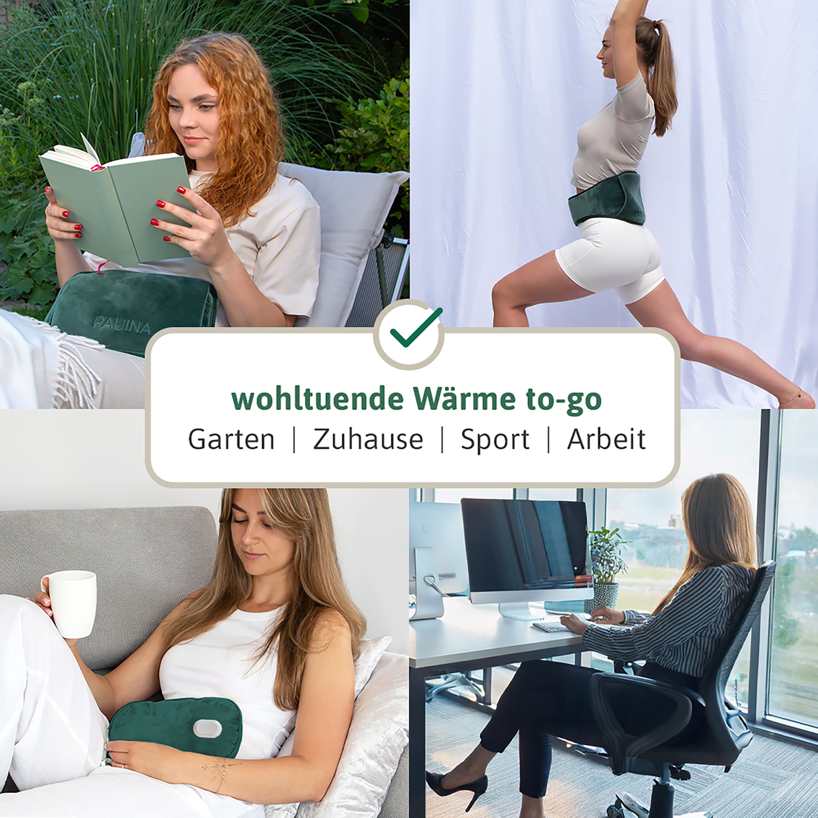 Verschiedene Szenen mit grüner Wärmflasche. Text: wohltuende Wärme to-go. Garten, Zuhause, Sport, Arbeit.