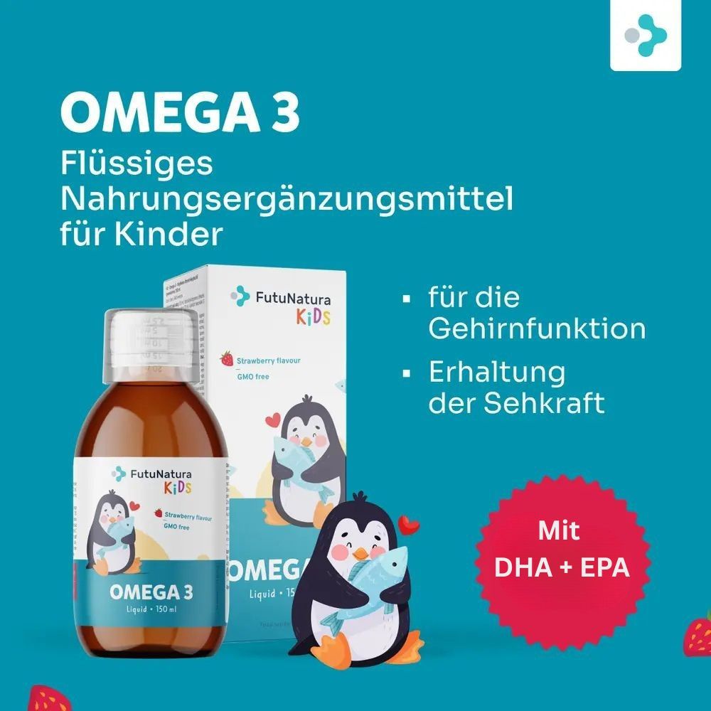 Blauer Hintergrund mit Text und Produktabbildung. Text: Omega 3, Nahrungsergänzungsmittel für Kinder. Mit DHA + EPA. Erdbeer-Illustration.
