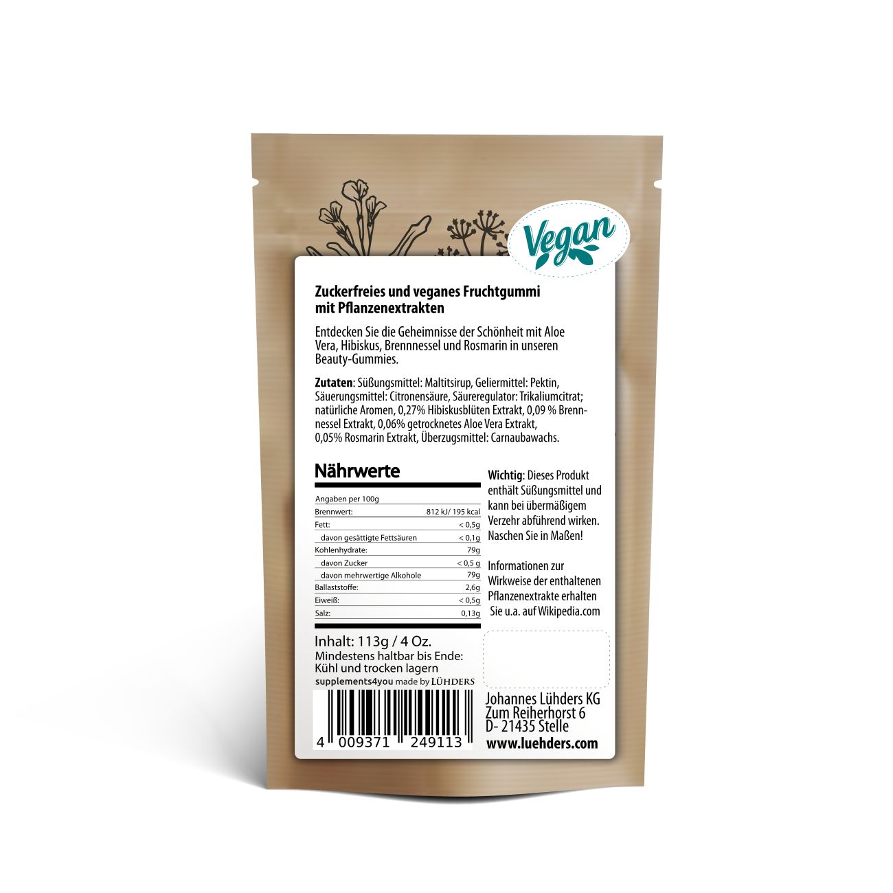 Rückseite der Botanical Gummies Beauty-Verpackung. Enthält Nährwertangaben, Zutatenliste und Vegan-Label.