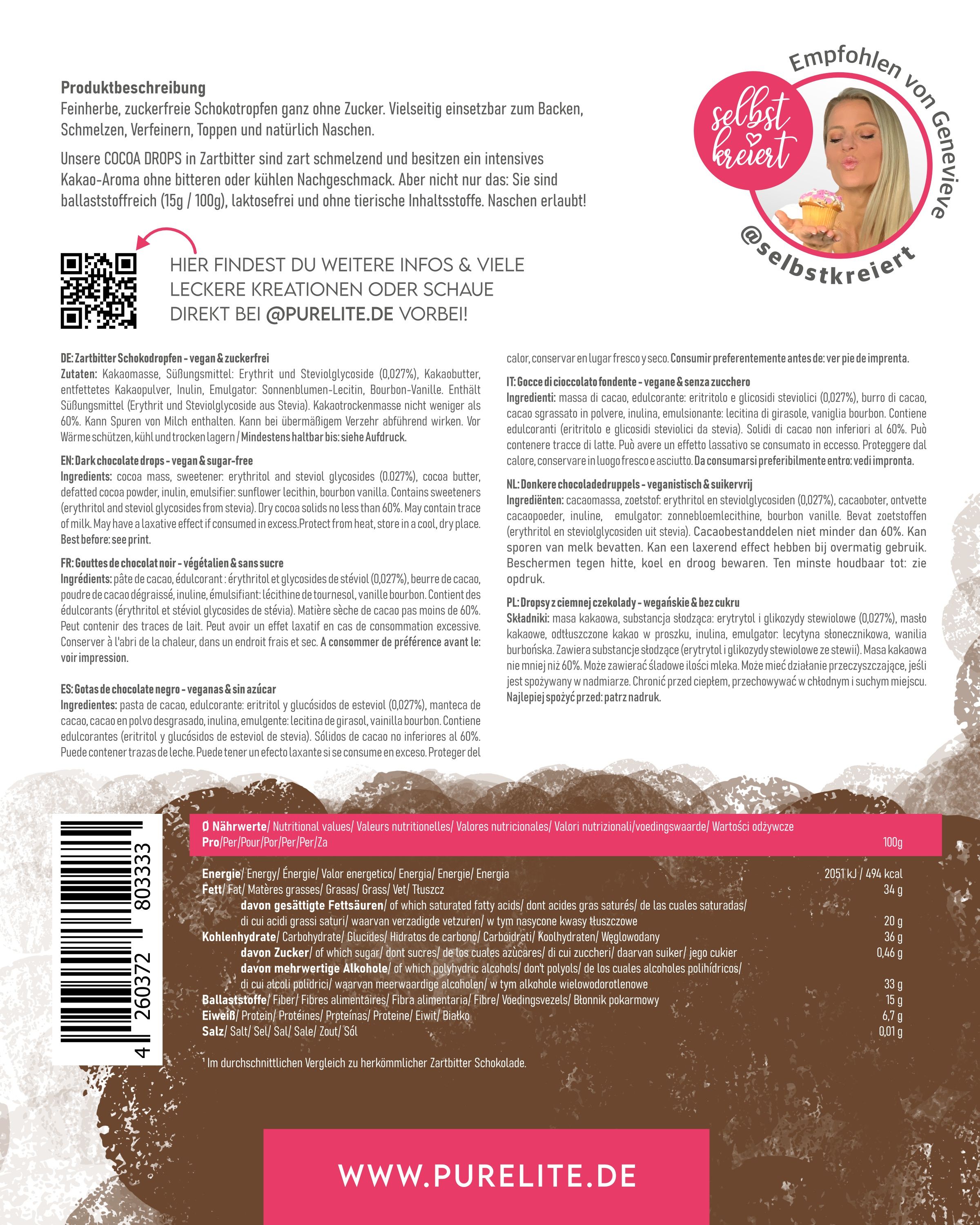 Rückseite der Verpackung von PURELITE Cocoa Drops Zartbitter. Enthält Nährwertangaben, Zutatenliste und QR-Code.