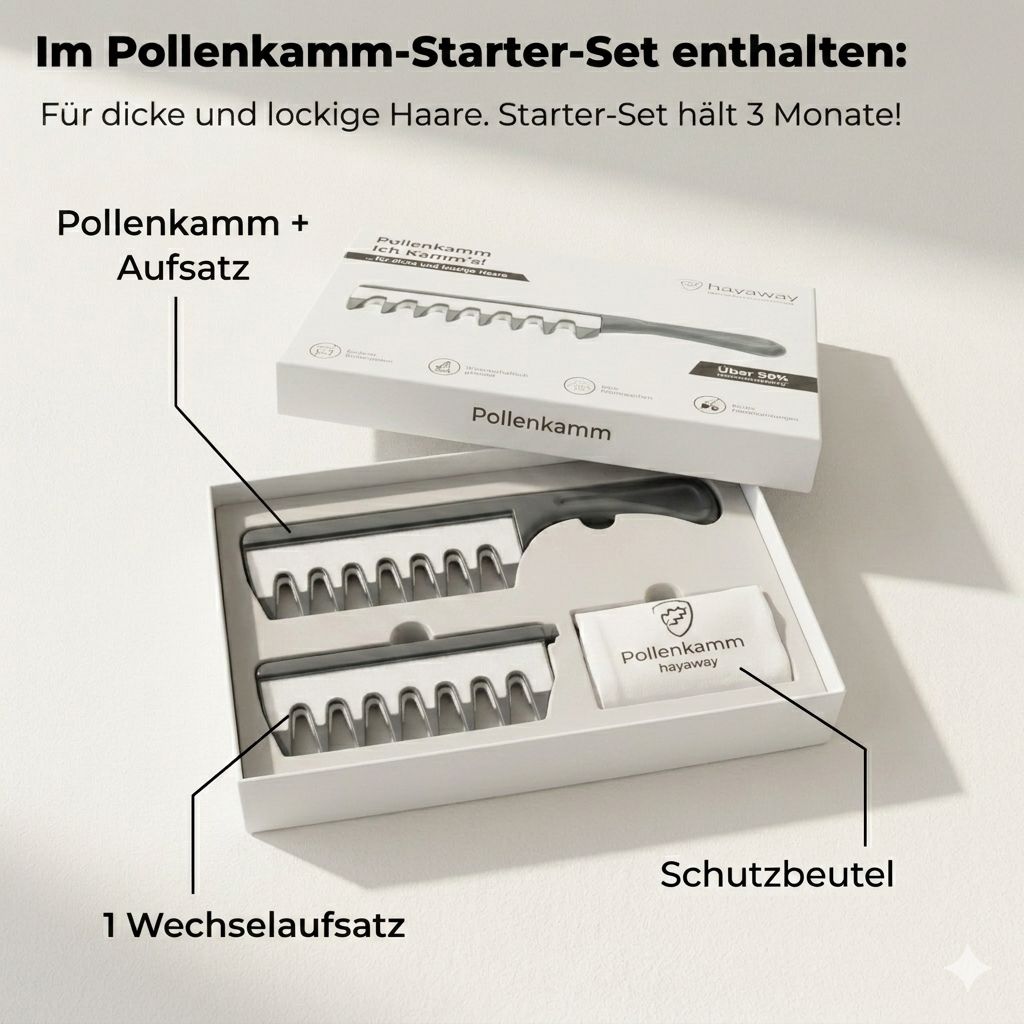 Offene Box mit Kamm und Ersatzkamm. Text: Pollenkamm Starter-Set. Enthält: Kamm, Ersatzkamm, Beutel.