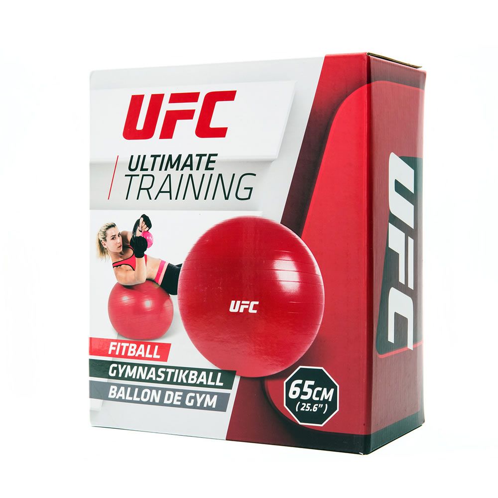 Verpackung mit rotem Gymnastikball. Aufschrift UFC, Ultimate Training, 65cm.