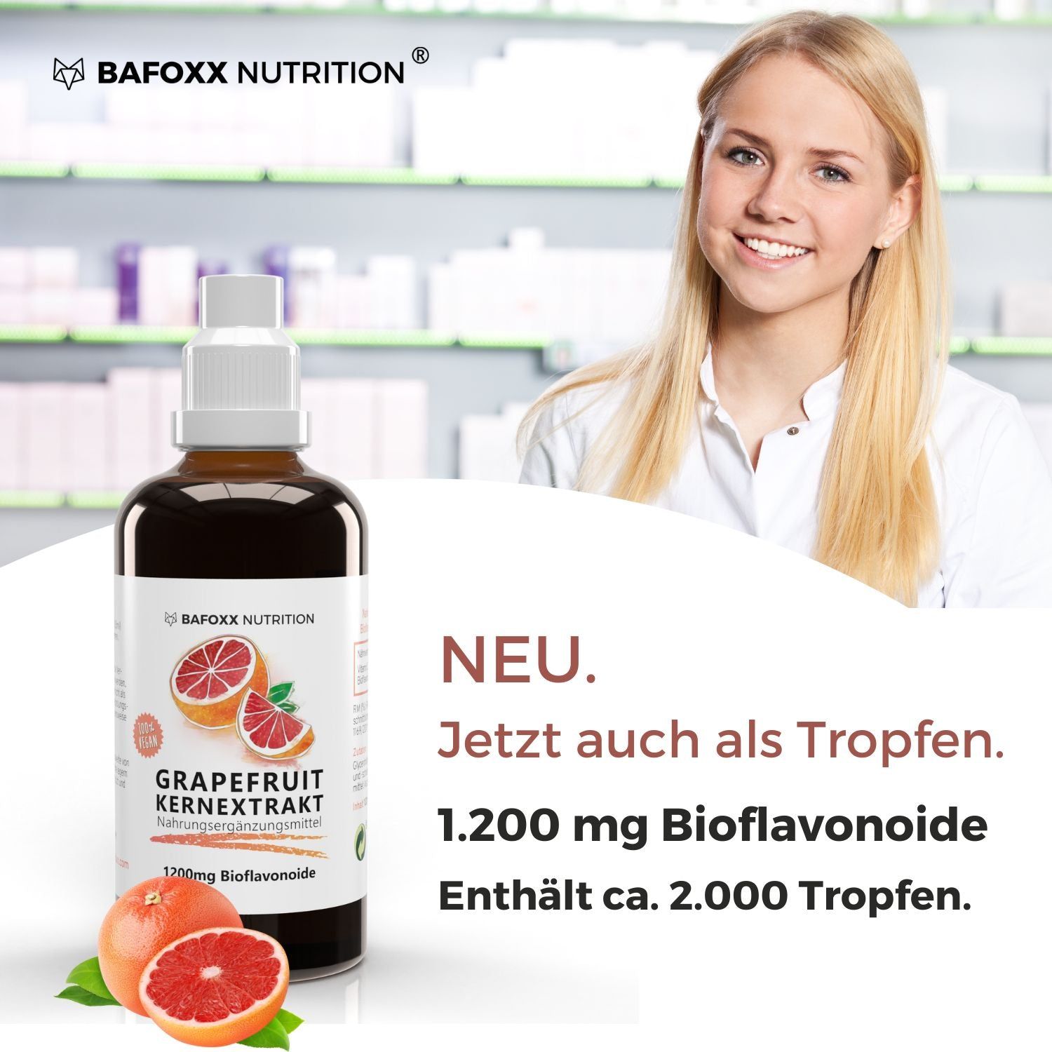Braune Flasche mit Etikett. Aufschrift: Grapefruitkernextrakt. Enthält Vitamin C und Bioflavonoide. Frau im Hintergrund.