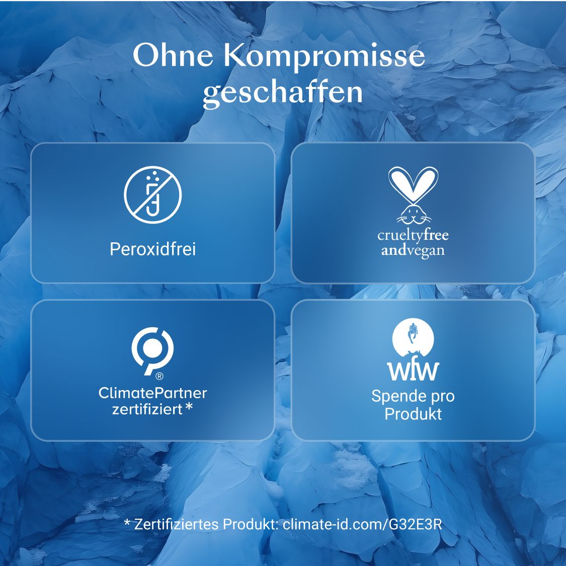 Grafik mit Logos: Peroxidfrei, dermatologisch getestet, Crueltyfree, ClimatePartner, wfw.