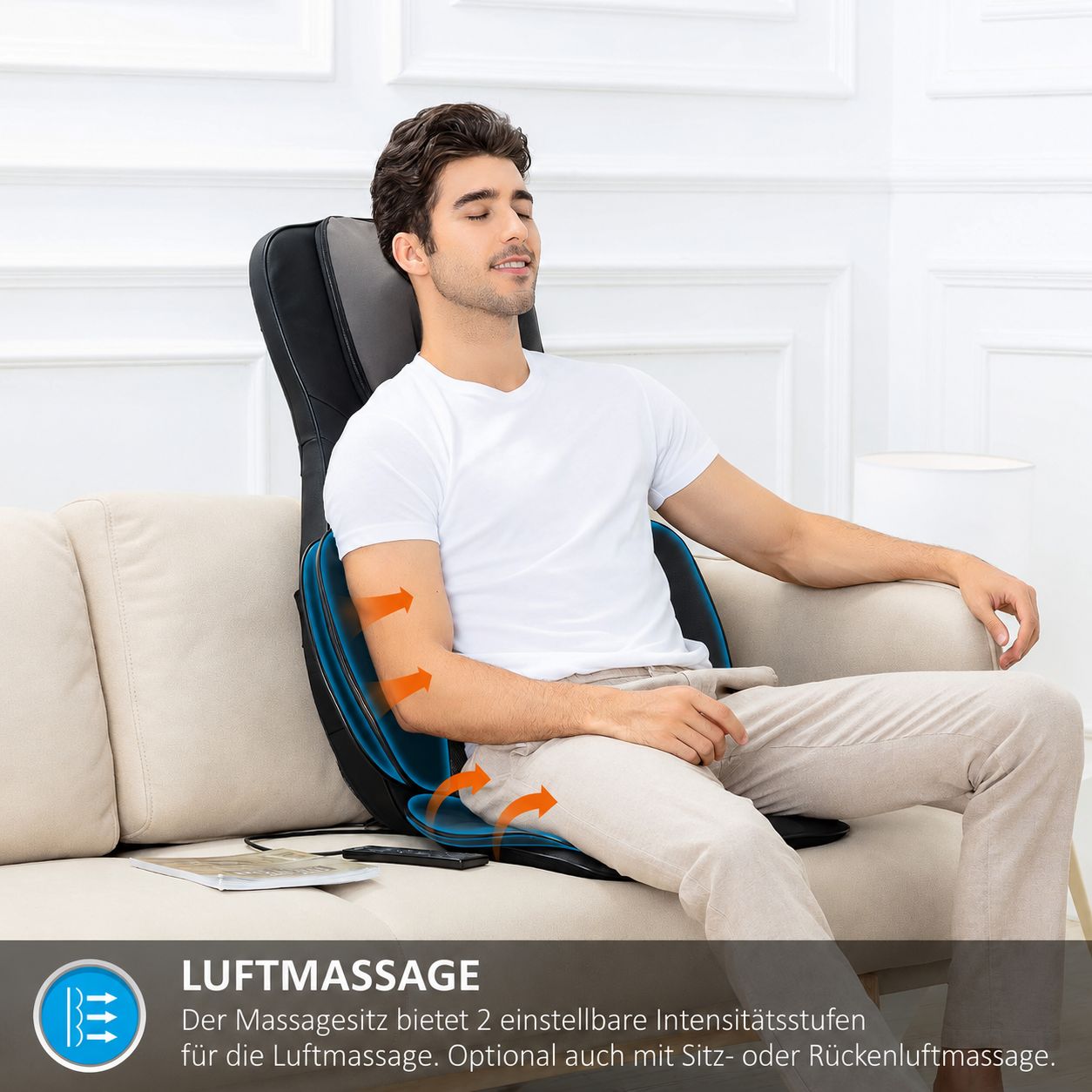 Mann entspannt auf einem Massagesitz mit Luftmassagefunktion für Rücken und Sitz. 2 Intensitätsstufen.
