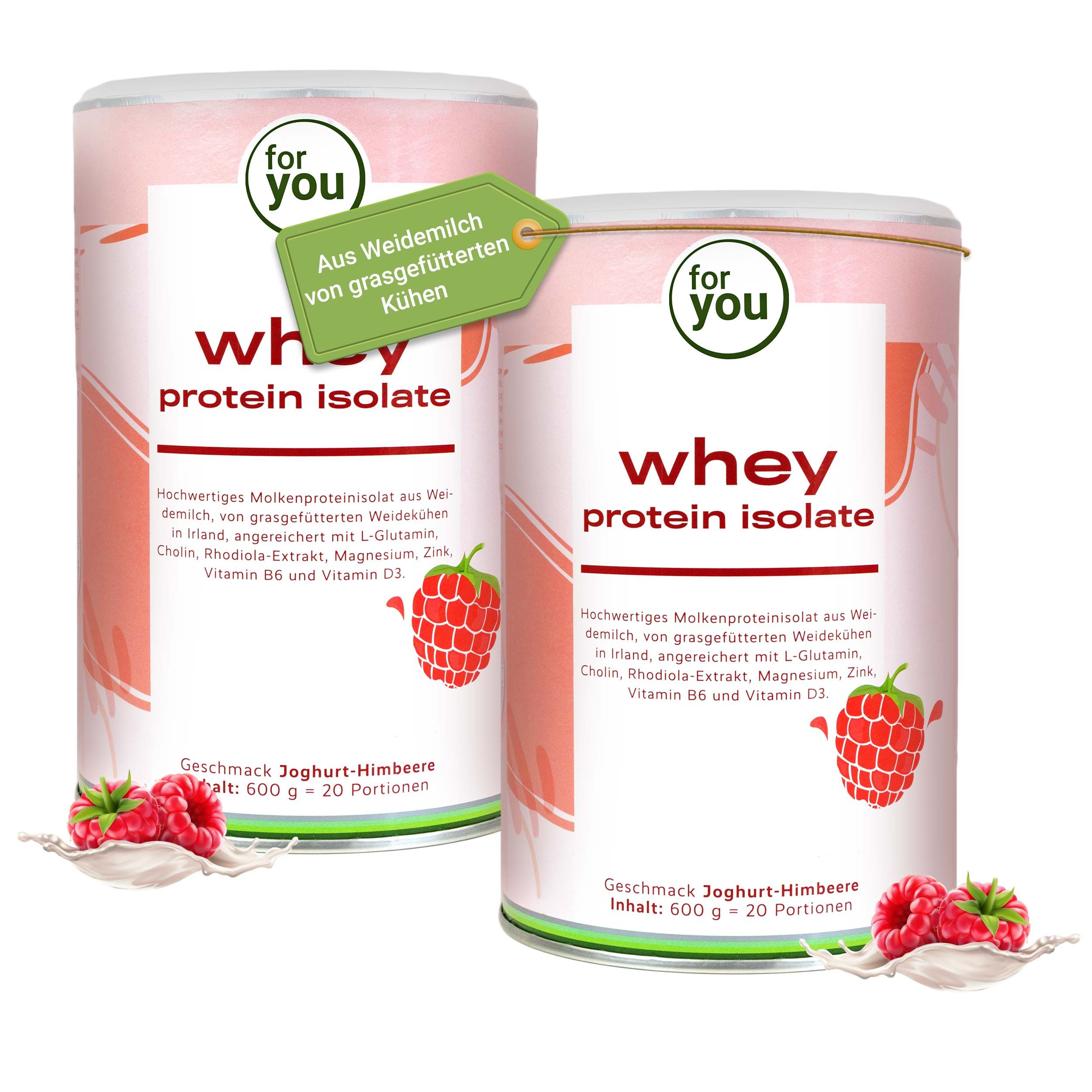 Zwei Dosen Whey Protein Isolate Joghurt-Himbeere. Hochwertiges Molkenproteinisolat aus grasgefütterten Kühen.