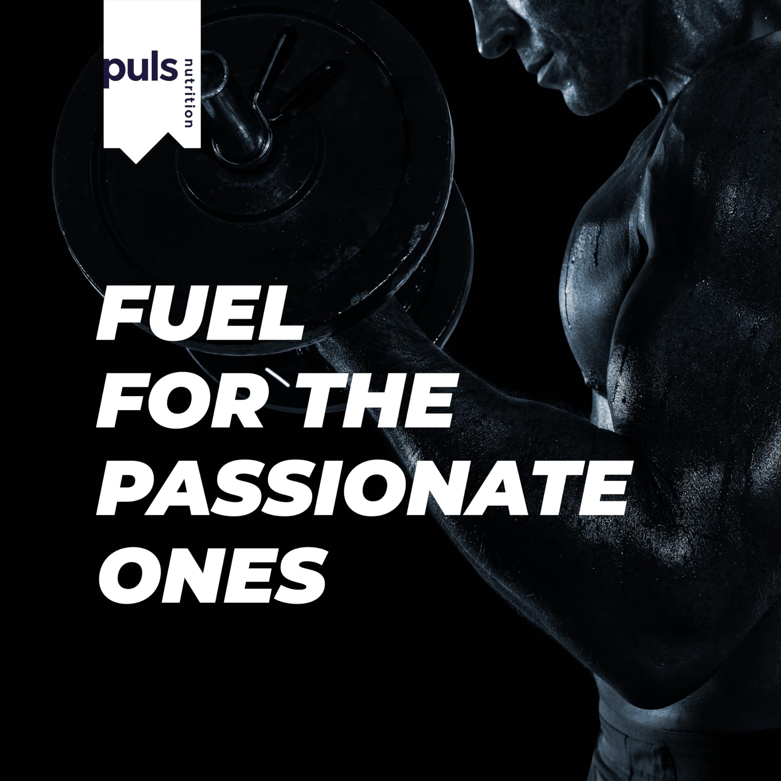 Text auf schwarzem Hintergrund: FUEL FOR THE PASSIONATE ONES. Mann hebt Gewichte.