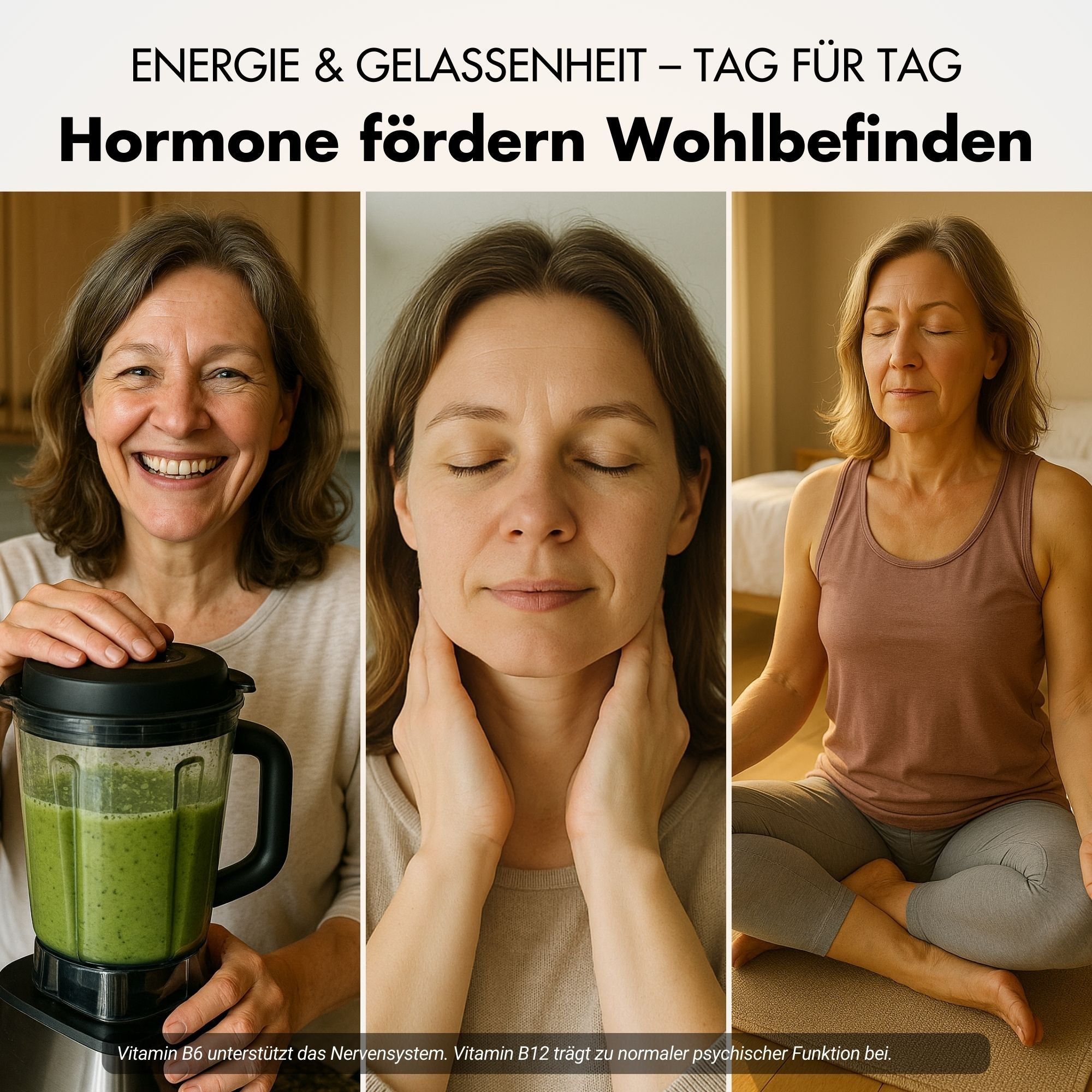 Drei Bilder von Frauen. Links: Frau mit Mixer. Mitte: Frau mit Hals. Rechts: Frau beim Yoga. Text: Hormone fördern Wohlbefinden.