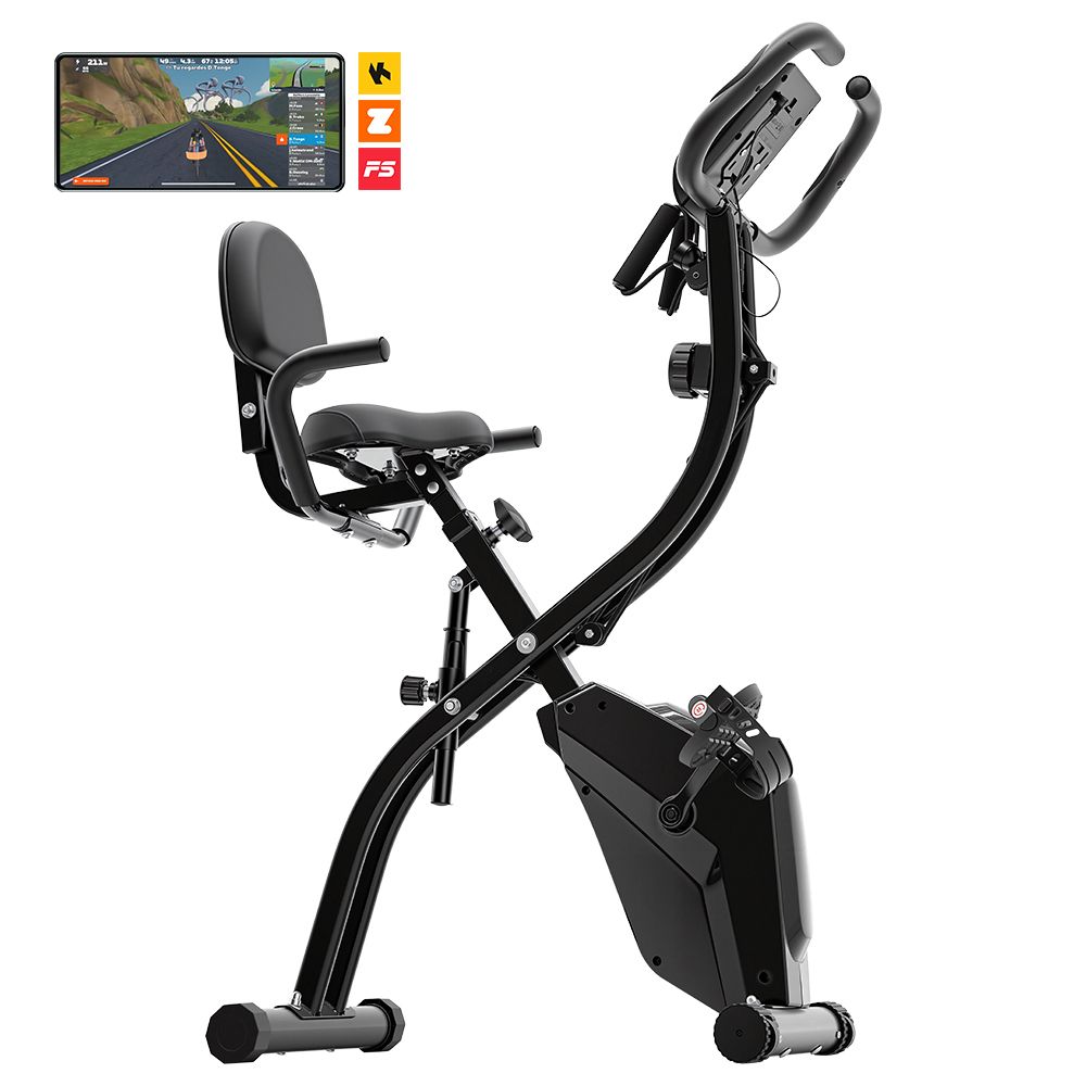 Schwarzer Heimtrainer mit Display, Sitz und Griffen. Smartphone mit Trainings-App. Z, F5 Logos.