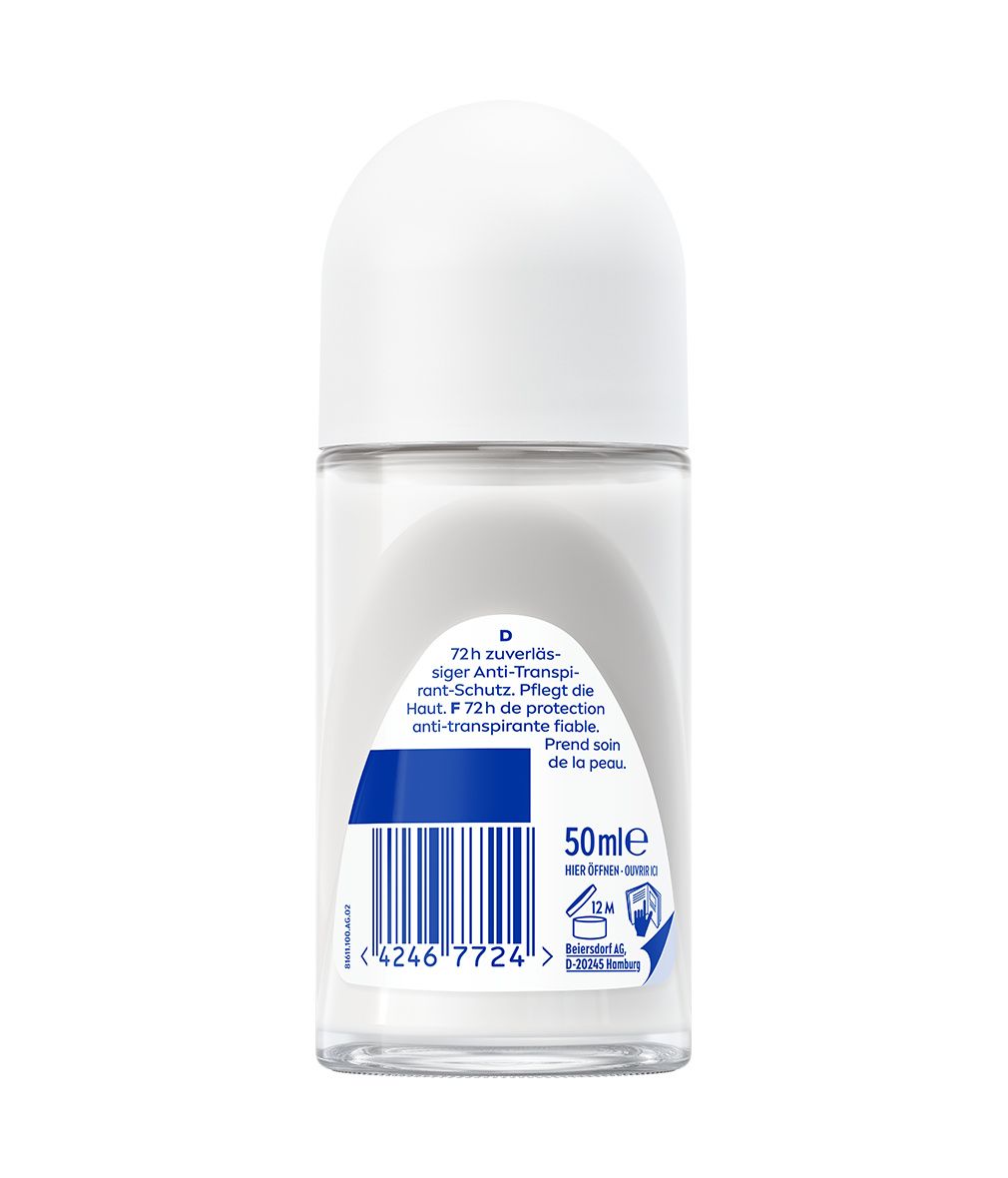 Rückseite eines NIVEA Dry Comfort Roll-on Deodorants mit 50ml Angabe.
