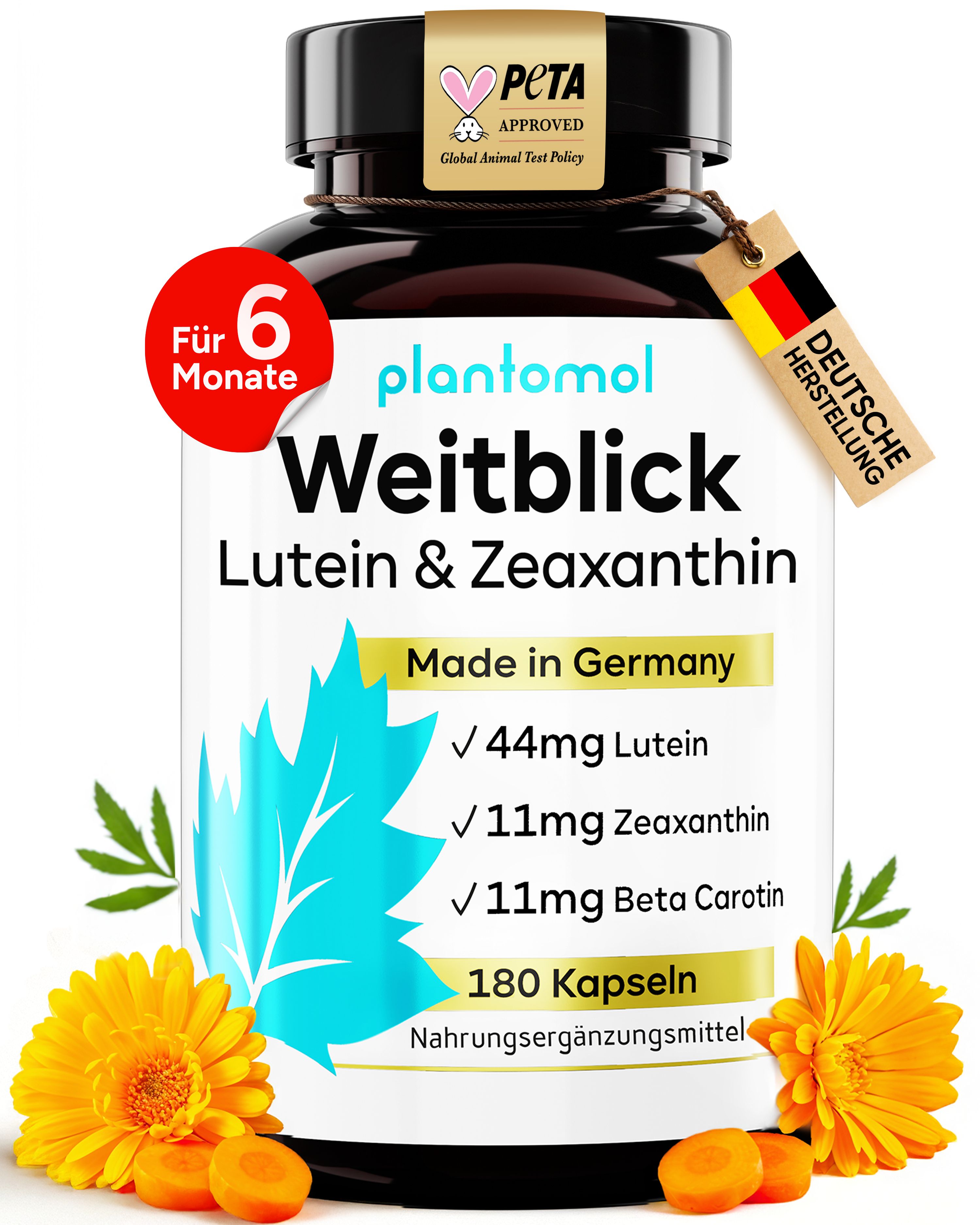 Braune Flasche mit plantomol® Weitblick. Aufschrift: Lutein & Zeaxanthin, 180 Kapseln. PETA-Siegel. Made in Germany.