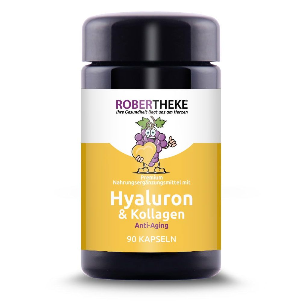 Braune Dose mit weißem Etikett. Aufschrift: ROBERTHEKE, Hyaluron & Kollagen, Anti-Aging, 90 Kapseln. Abbildung einer Traube mit Herz.