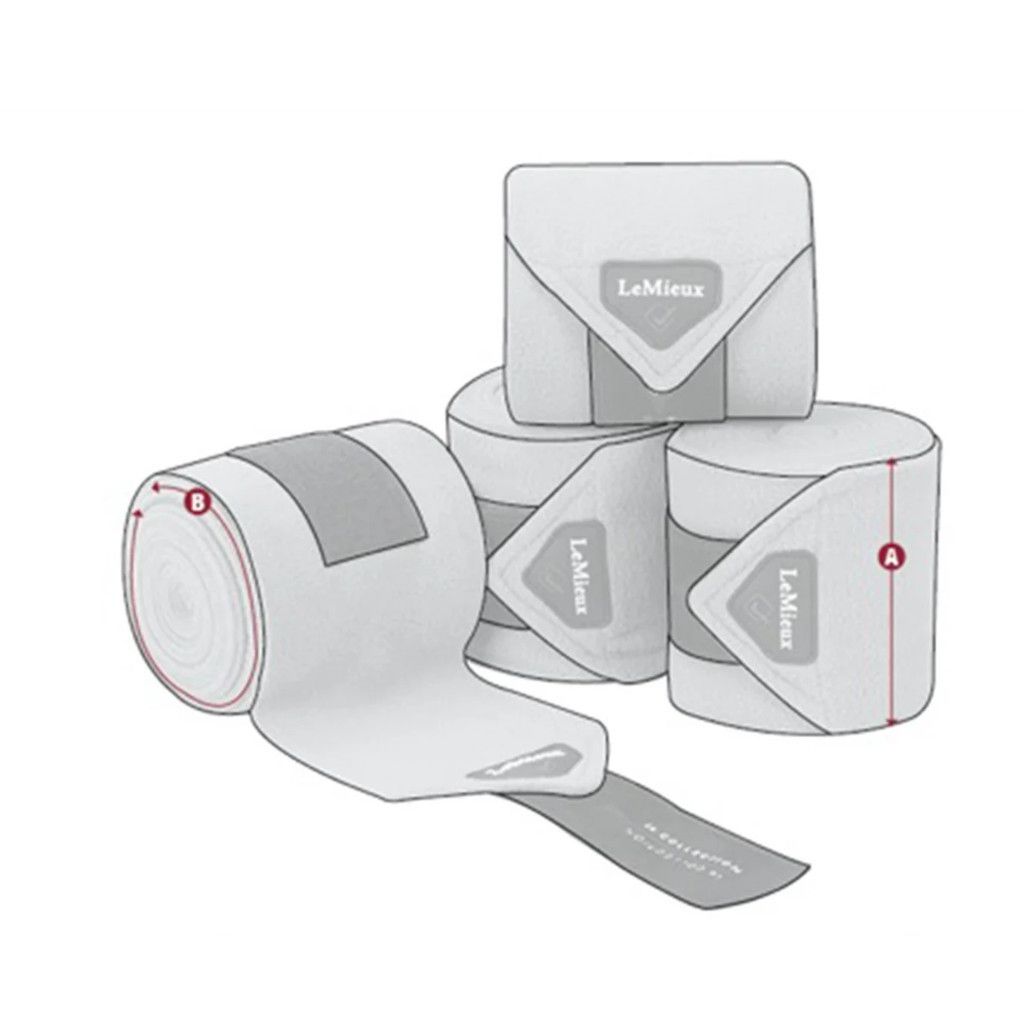 Weiße Bandagen, teilweise abgerollt. Logo "LeMieux" auf den Bandagen. Gezeigt werden mehrere Rollen.