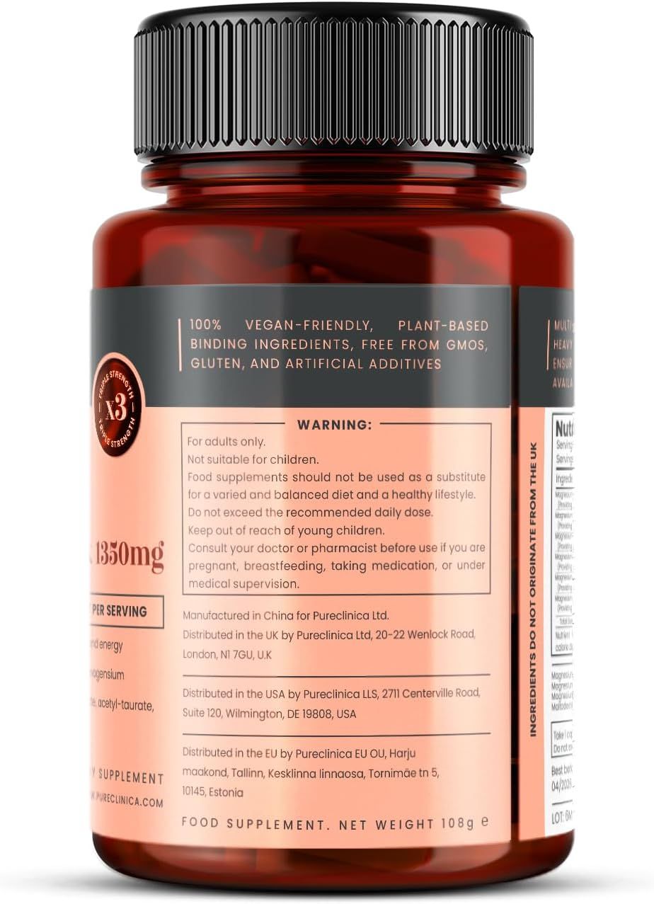 Rückseite der Pureclinica Magnesium Komplex Tablette. Enthält Warnhinweise, Inhaltsstoffe, Hersteller- und Vertriebsinformationen.