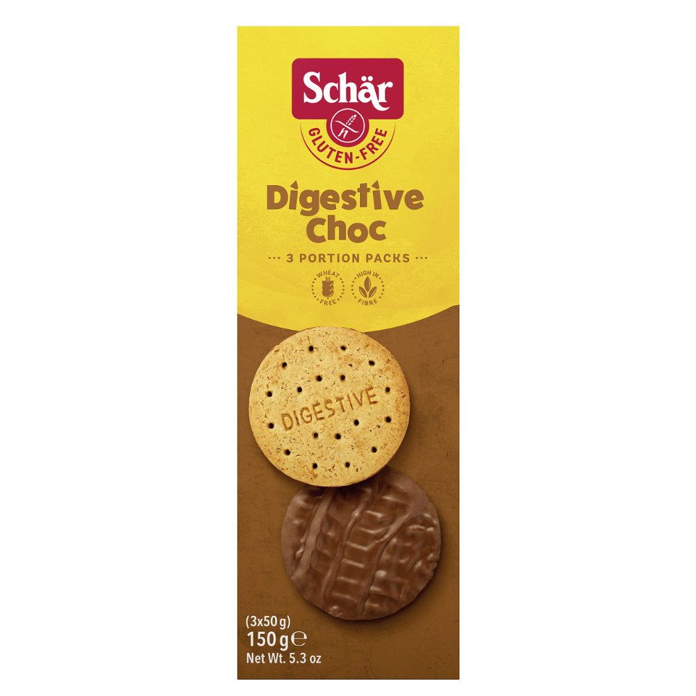 Verpackung mit glutenfreien Keksen. Oben links das Logo von Schär. Aufschrift "Digestive Choc". Zwei Kekse, einer mit Schokolade.
