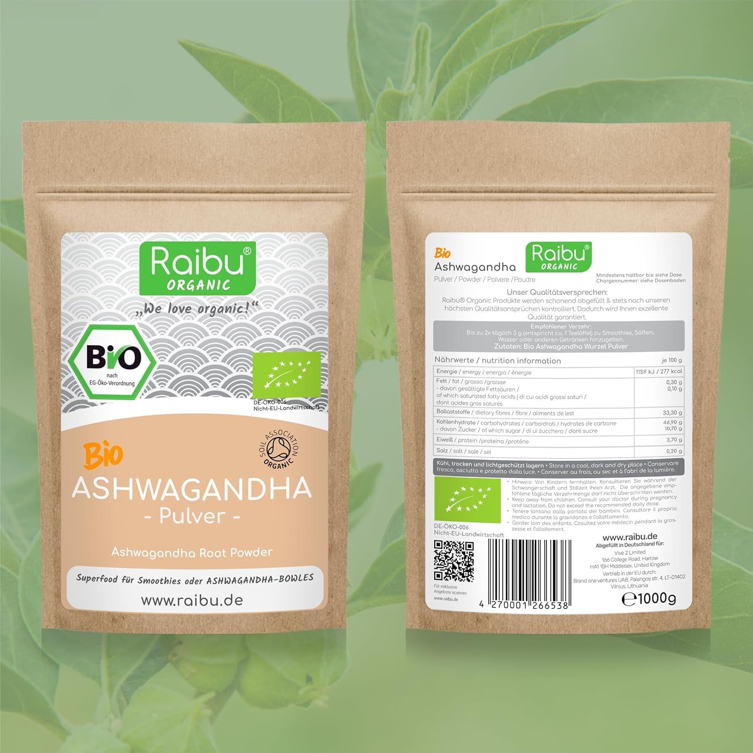 RAIBU BIO Ashwagandha Pulver – 100 % rein