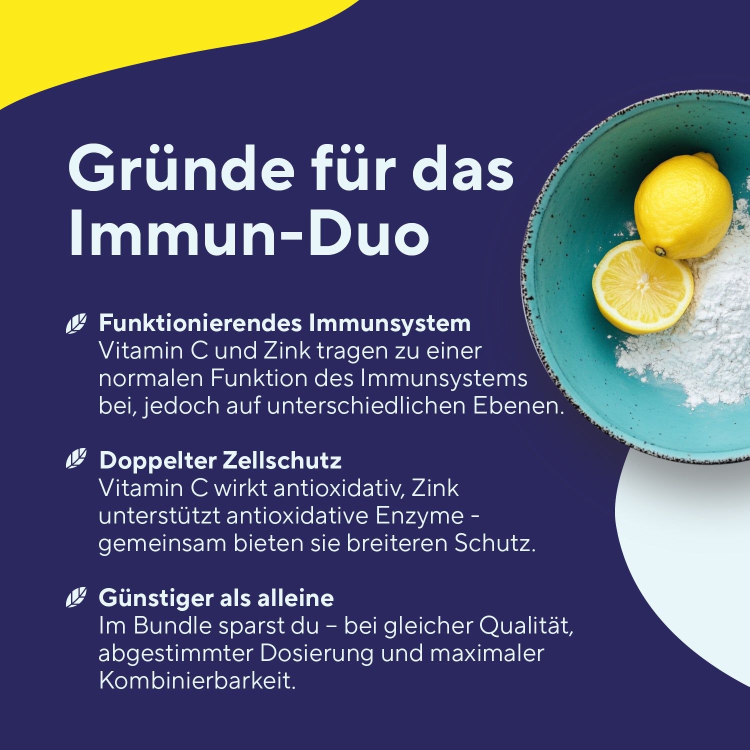 TRUE NATURE® Immun-Duo. Text über Vorteile: Immunsystem, Zellschutz, günstiger als einzeln. Zitronen und Pulver in Schüssel.