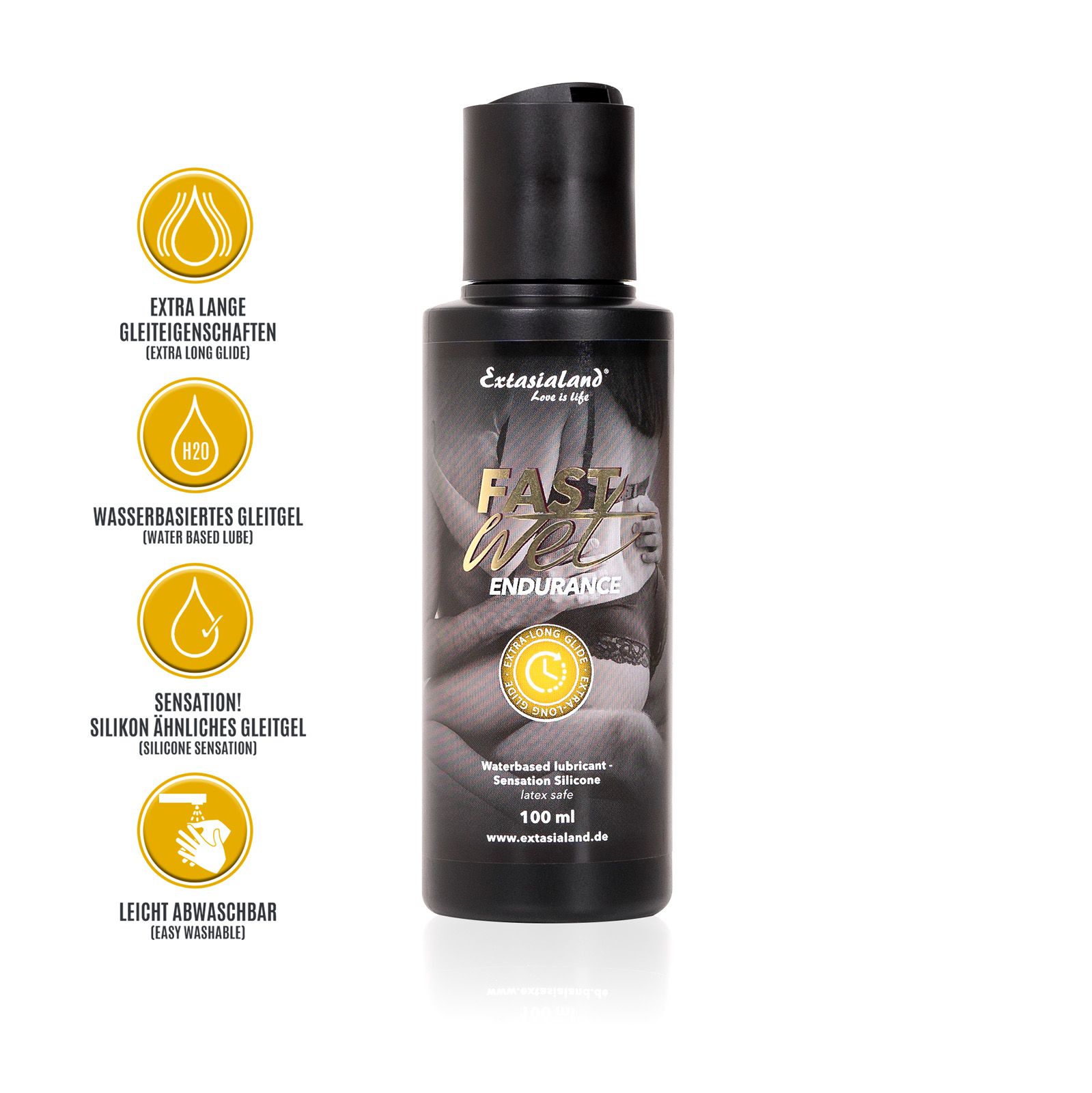Schwarze Flasche mit gelben Symbolen und Text. Aufschrift: FAST WET Endurance. Enthält Informationen über das Produkt.