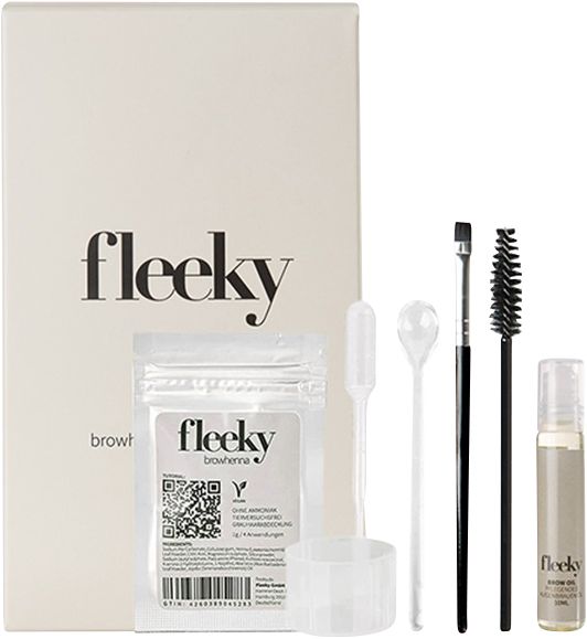 Fleeky Browhenna Kit. Verpackung und Zubehör: Pinsel, Bürste, Spatel, Behälter, Ölflasche, Henna-Beutel.