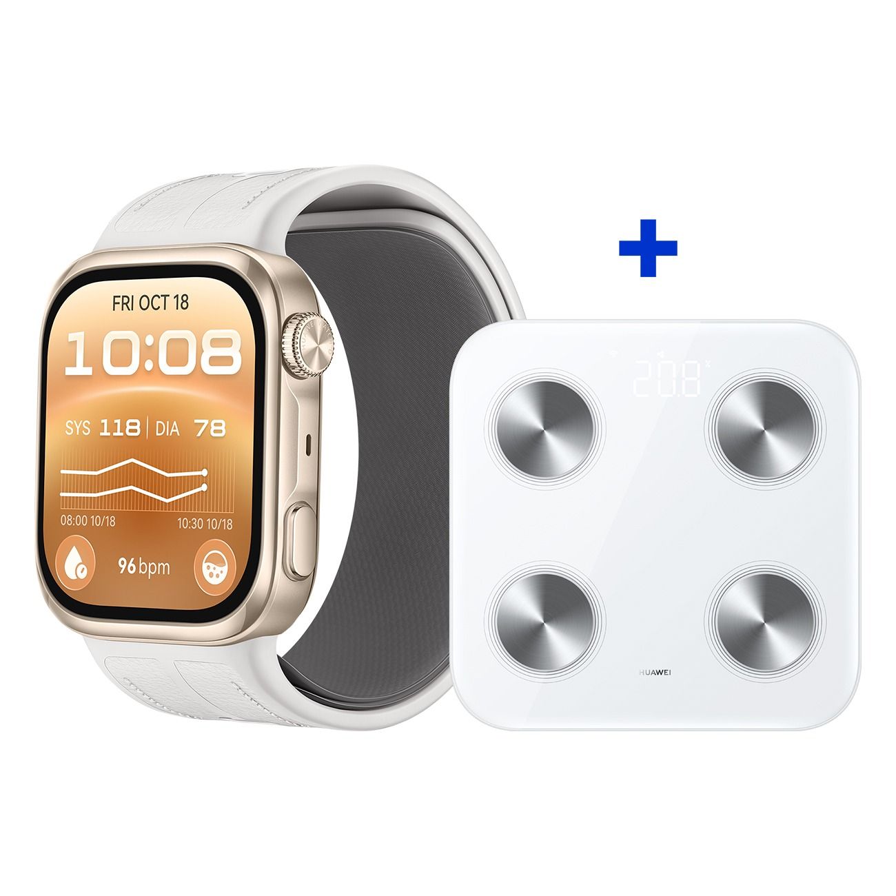 Smartwatch mit weißem Armband und digitale Personenwaage mit vier Sensoren.