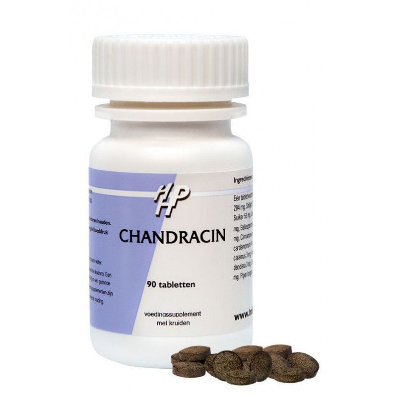 Weiße Tablettenflasche mit Aufschrift 'Chandracin'. 90 Tabletten. Einige Tabletten liegen daneben.