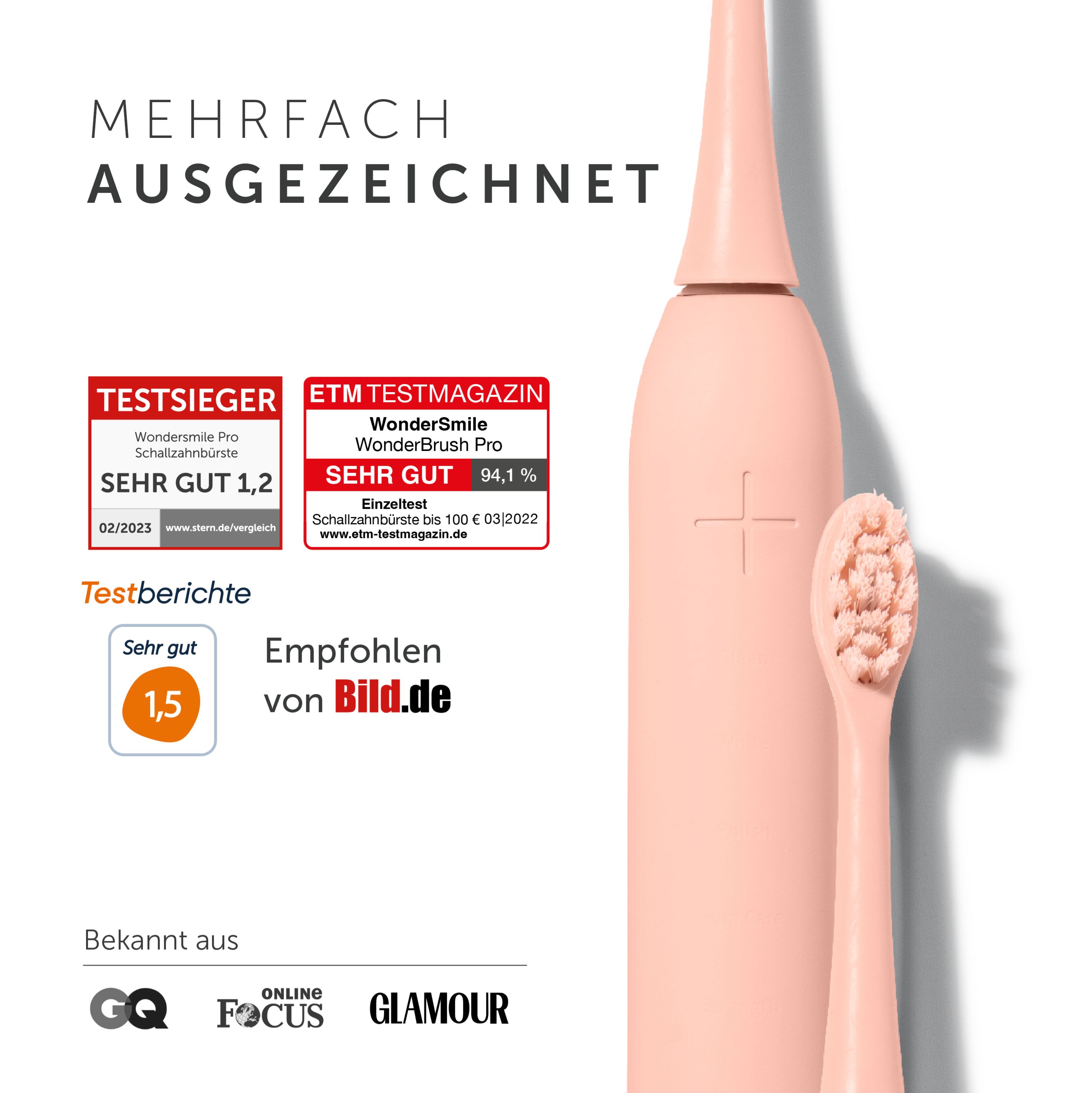 Rosa Zahnbürste mit zwei Bürstenköpfen. Auszeichnungen: Testsieger, ETM Testmagazin, Empfohlen von Bild.de.