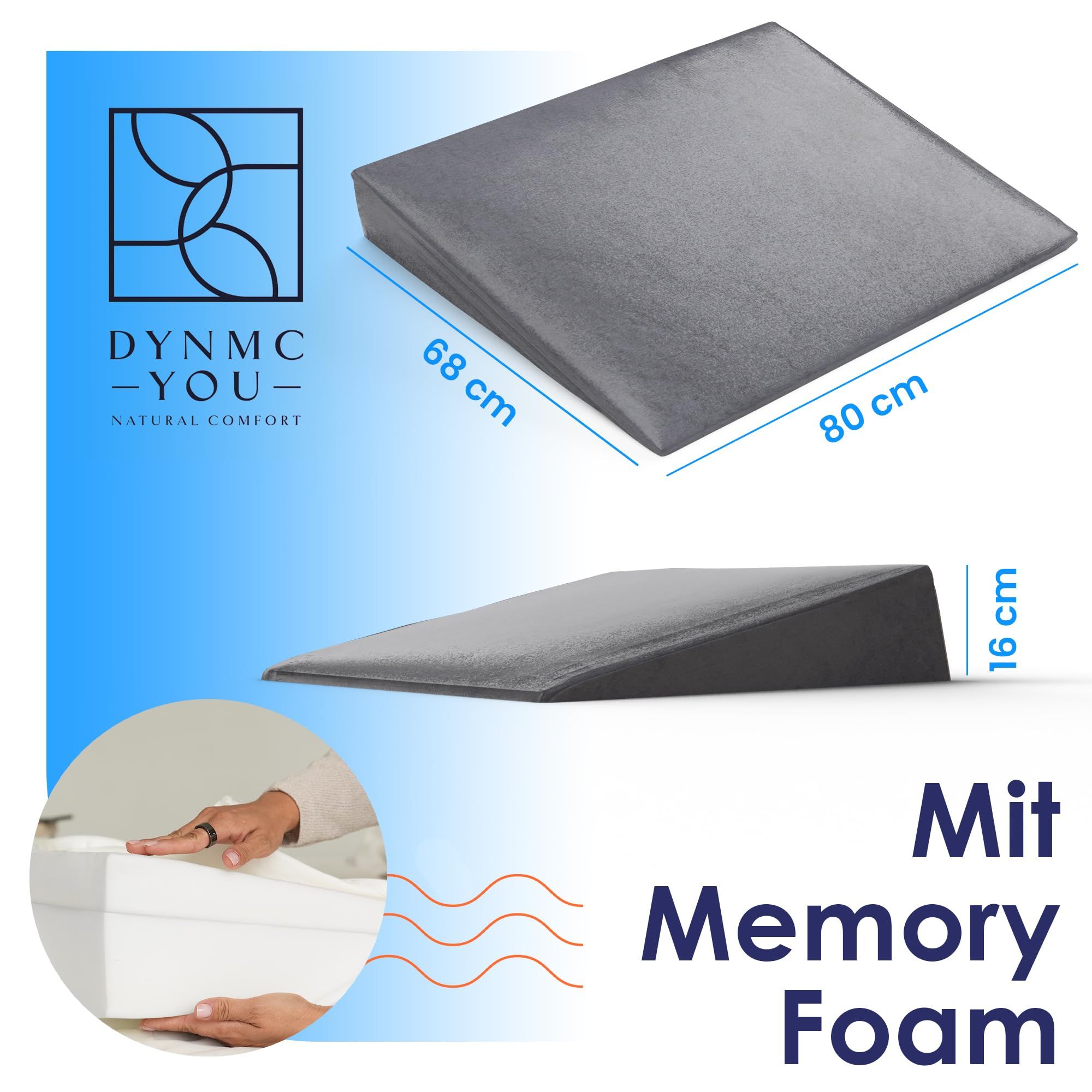Graues Keilkissen. Maße: 80x68x16 cm. Text: DYNMC-YOU, Mit Memory Foam.