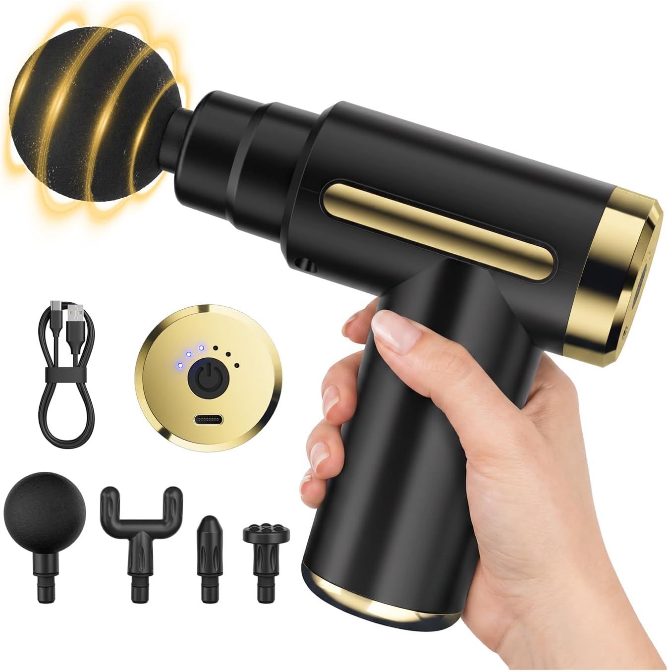 Kompakte, schwarze Massagepistole mit goldenen Details und runder Massagekopf-Aufnahme. Geeignet für Einhandbedienung.
