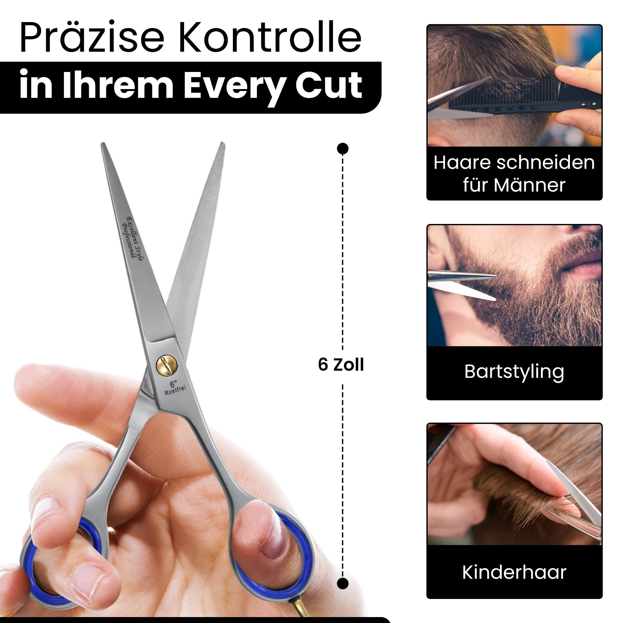 Friseurschere in Hand, blaue Gummigriffe, 6 Zoll. Zusätzliche Bilder: Haare schneiden, Bartstyling, Kinderhaar.