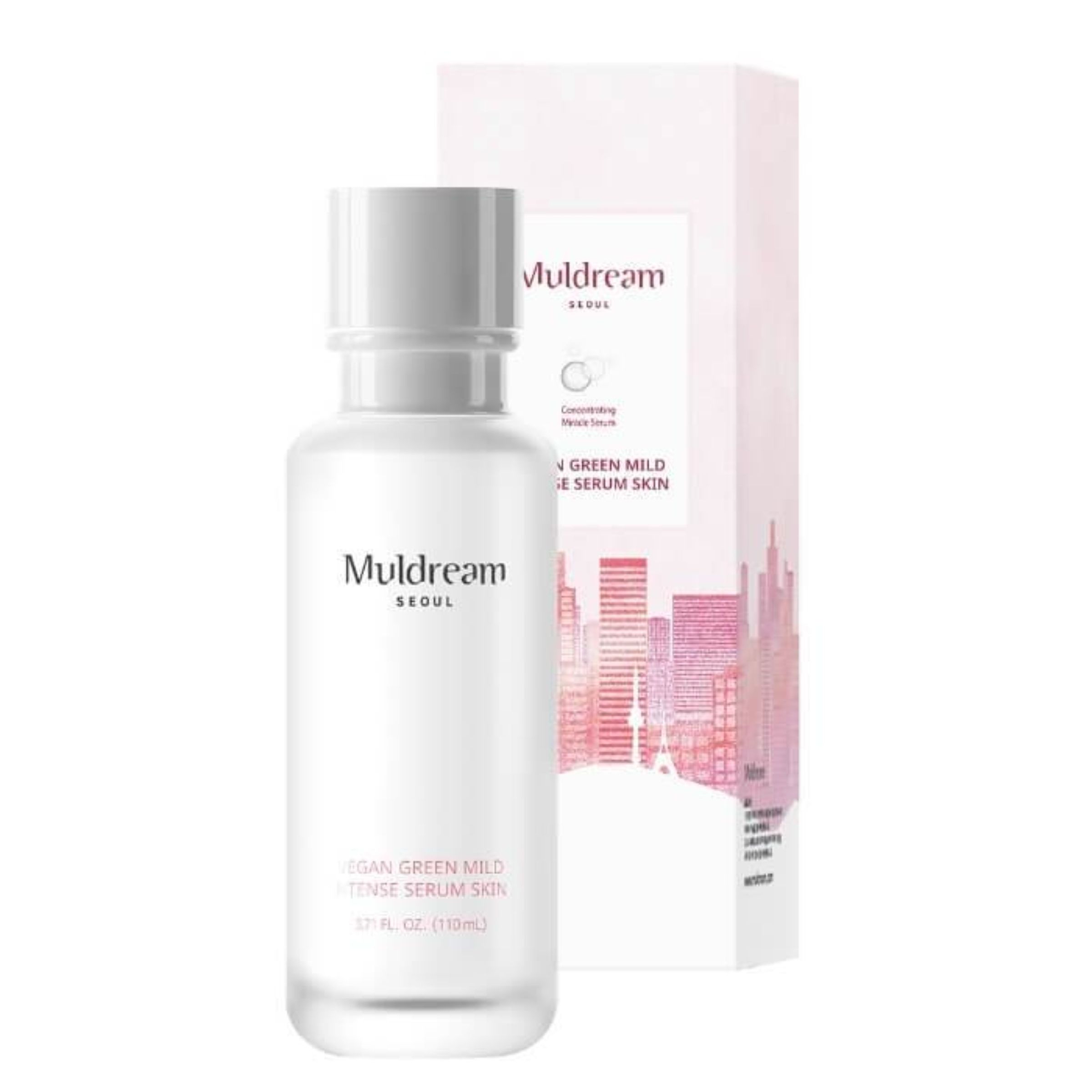 Weiße Flasche mit Serum. Aufschrift: Muldream Seoul. Daneben eine Verpackung mit Logo und Text. Aufschrift: Vegan Green Mild Intense Serum Skin.