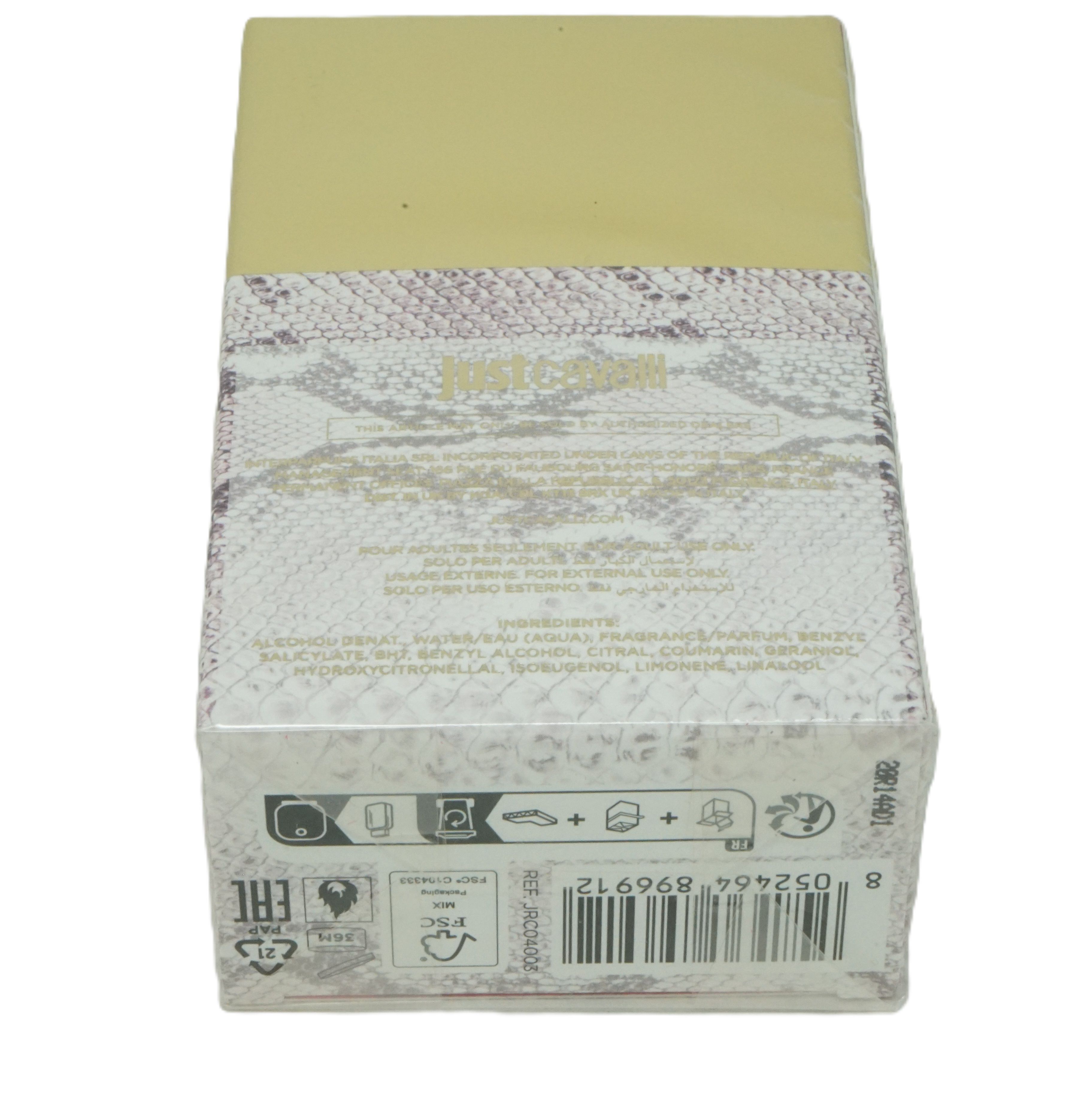 Kartonverpackung mit goldfarbenem Deckel und Schlangenmuster. Text: Just Cavalli. Rückseite mit Inhaltsangaben und Barcode.