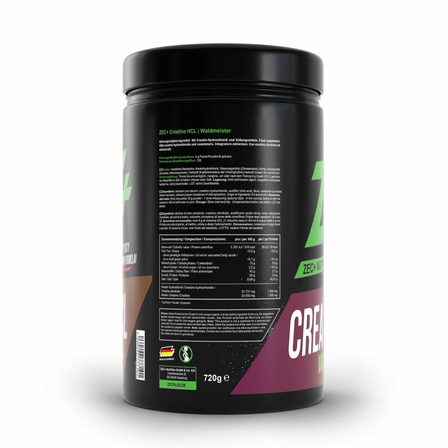 Rückseite einer schwarzen Dose. Text mit Nährwertangaben und Inhaltsstoffen. ZEC+ Logo. 720g. Hergestellt in Deutschland.