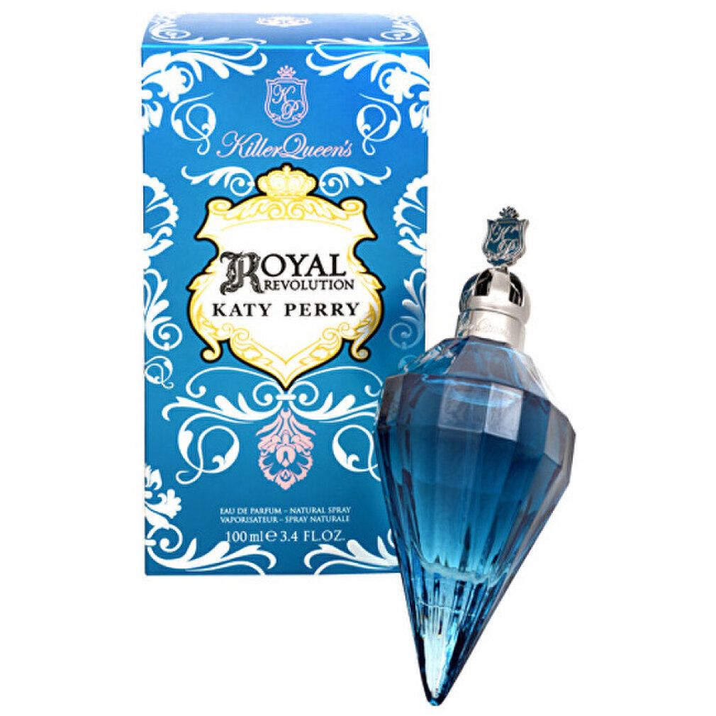 Blaues Parfümflakon mit silbernem Verschluss und Karton. Aufschrift: ROYAL REVOLUTION KATY PERRY. Flakon und Box.
