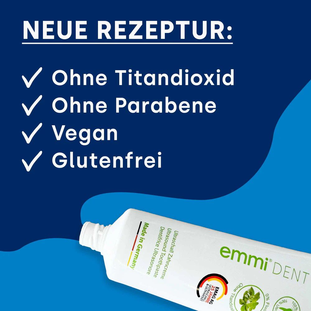Zahnpasta-Tube mit grünen Akzenten. Text: emmi-dent, ohne Titandioxid, ohne Parabene, vegan, glutenfrei. Made in Germany.