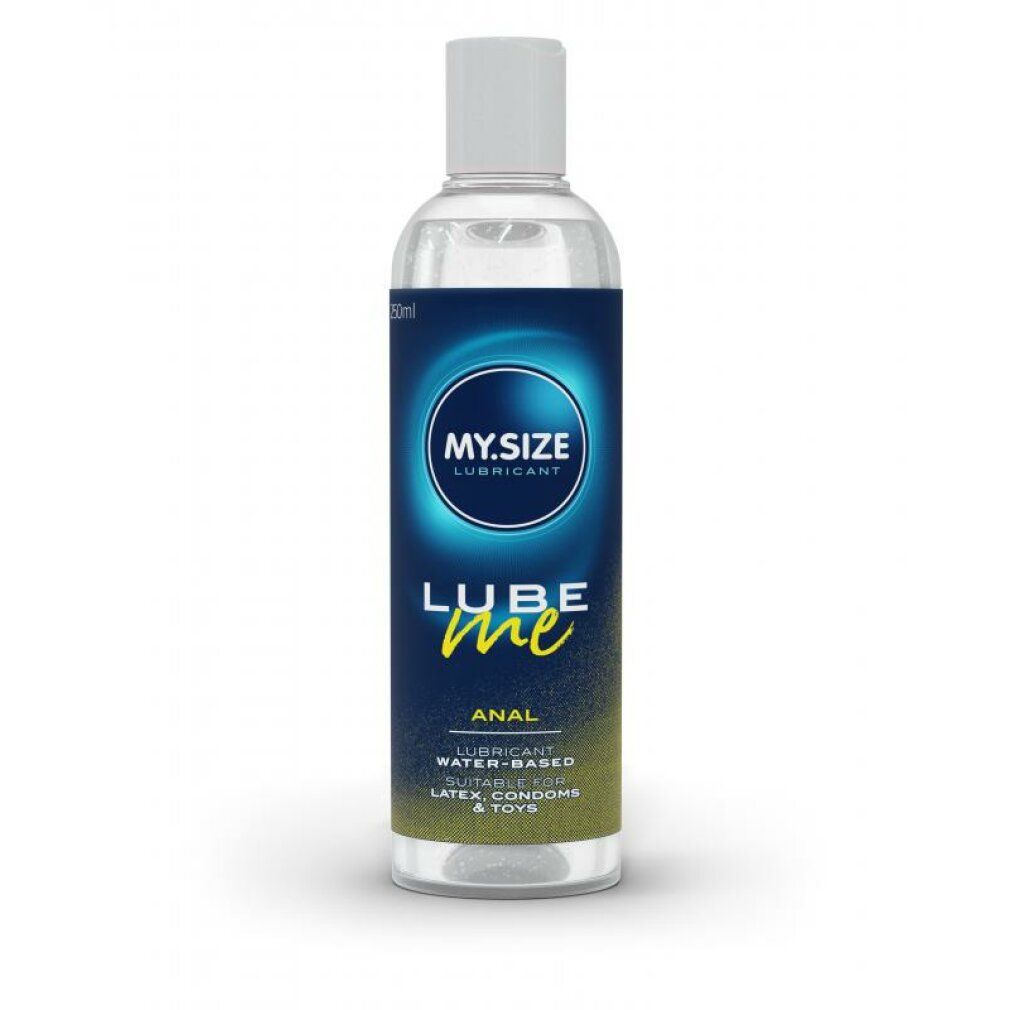 Klare Flasche mit weißem Deckel. Aufschrift: MY.SIZE LUBE me ANAL. Wasserbasiertes Gleitmittel, geeignet für Latexkondome & Spielzeug.