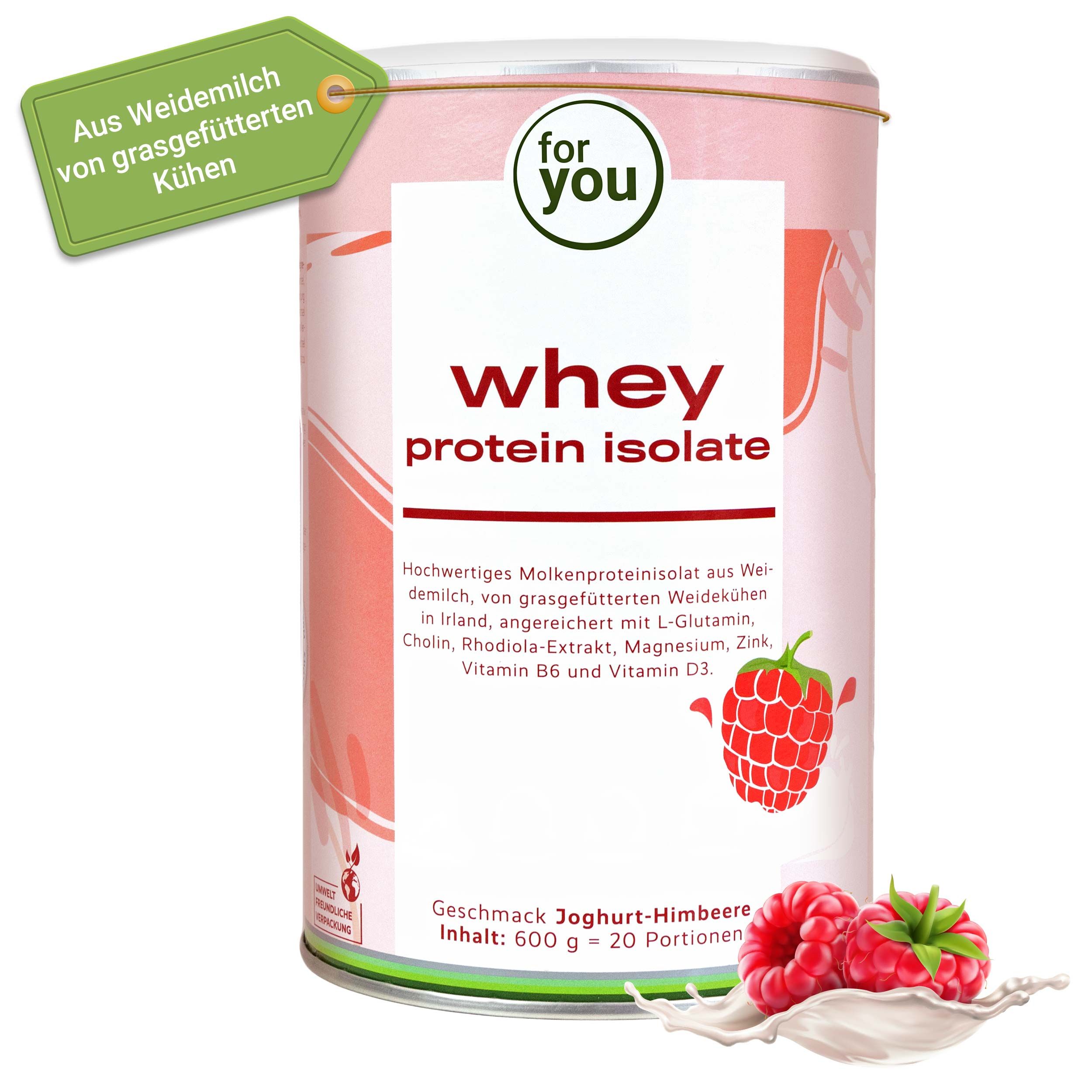 Dose "whey protein isolate" mit Himbeeren. Text: Aus Weidemilch von grasgefütterten Kühen. Produktabbildung.