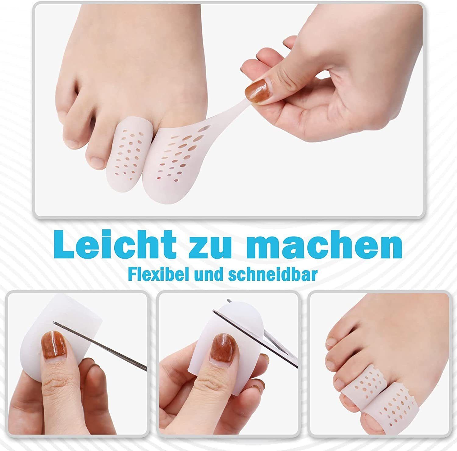 Zehenschutzkappen werden gedehnt. Drei Bilder zeigen das Zuschneiden mit einer Schere, um die Größe anzupassen.