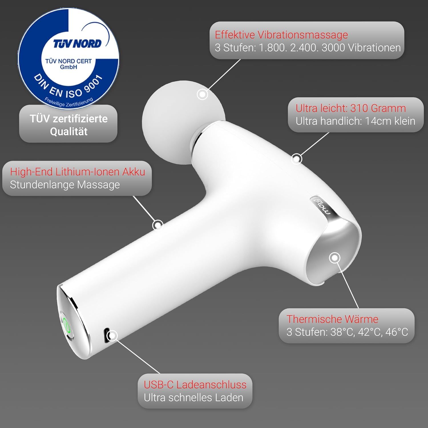 Flow® NANO Mini Massagepistole - Kleines Muskel Massagegerät mit Massage & Wärme. Weiß