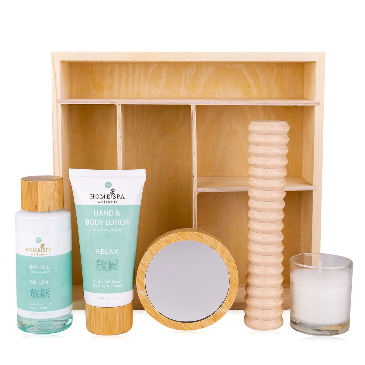 Accentra Home Spa Badeset: Badöl, Hand- & Bodylotion, Spiegel, Massageroller, Kerze und Holzbox.