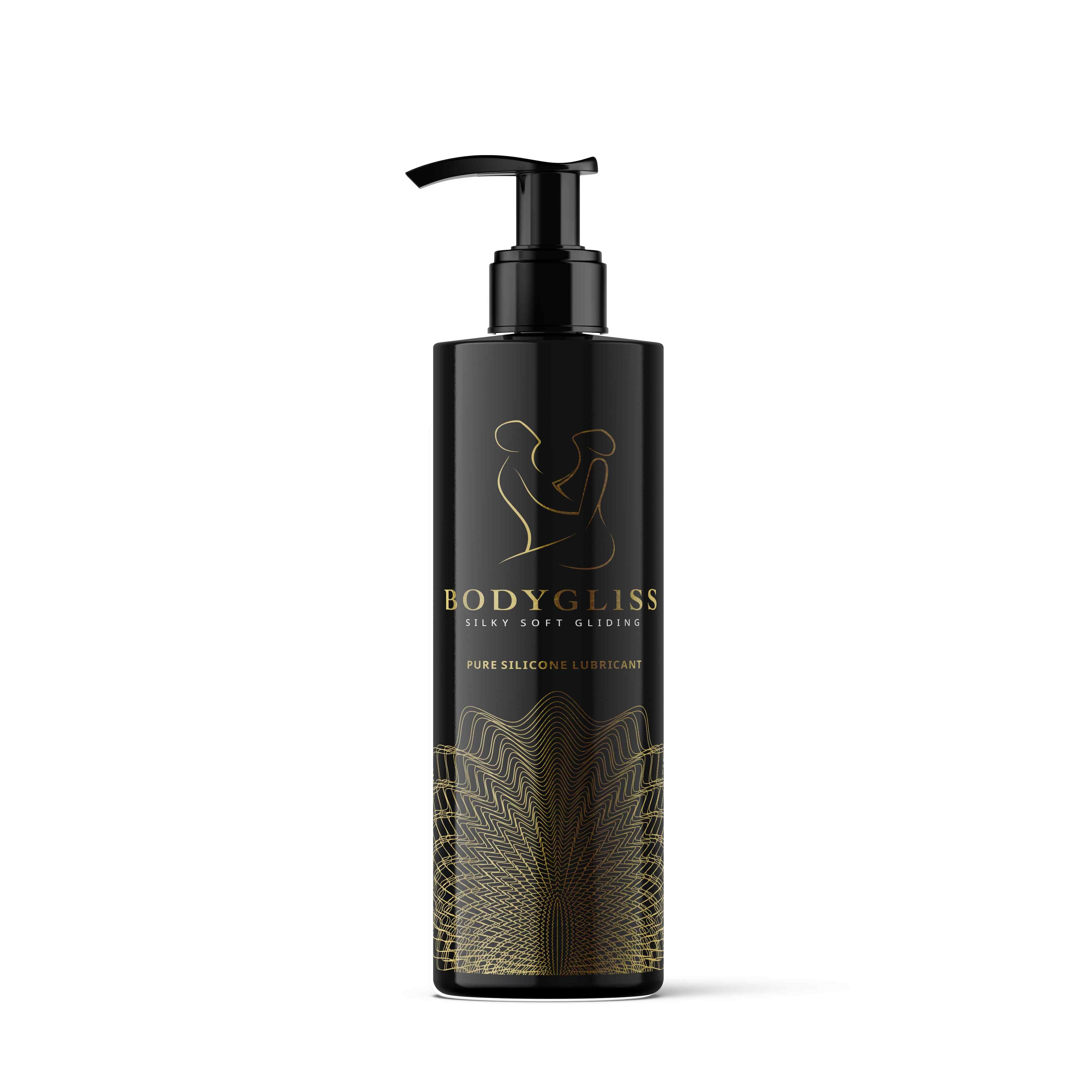 Schwarze Flasche mit Dosierpumpe. Goldfarbene Schriftzüge und Illustrationen. Produktname und "Silky Soft Gliding" sichtbar.